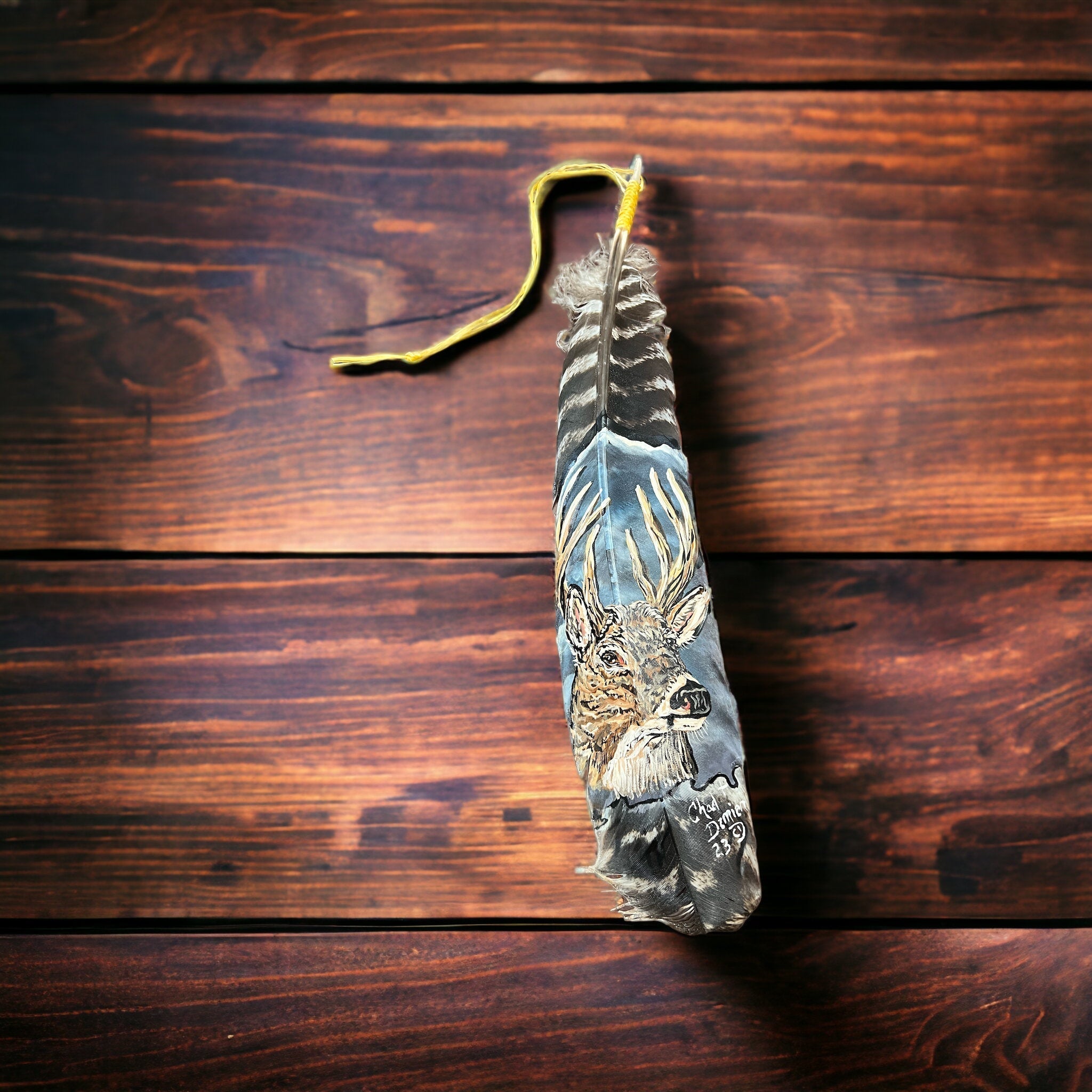 Hand-Painted Large Buck Hat Feather by Chad Demien — Wildlife Artisan Western Hat Accessory (Premium $125, Custom Available) - Rooted & Reckless Co.