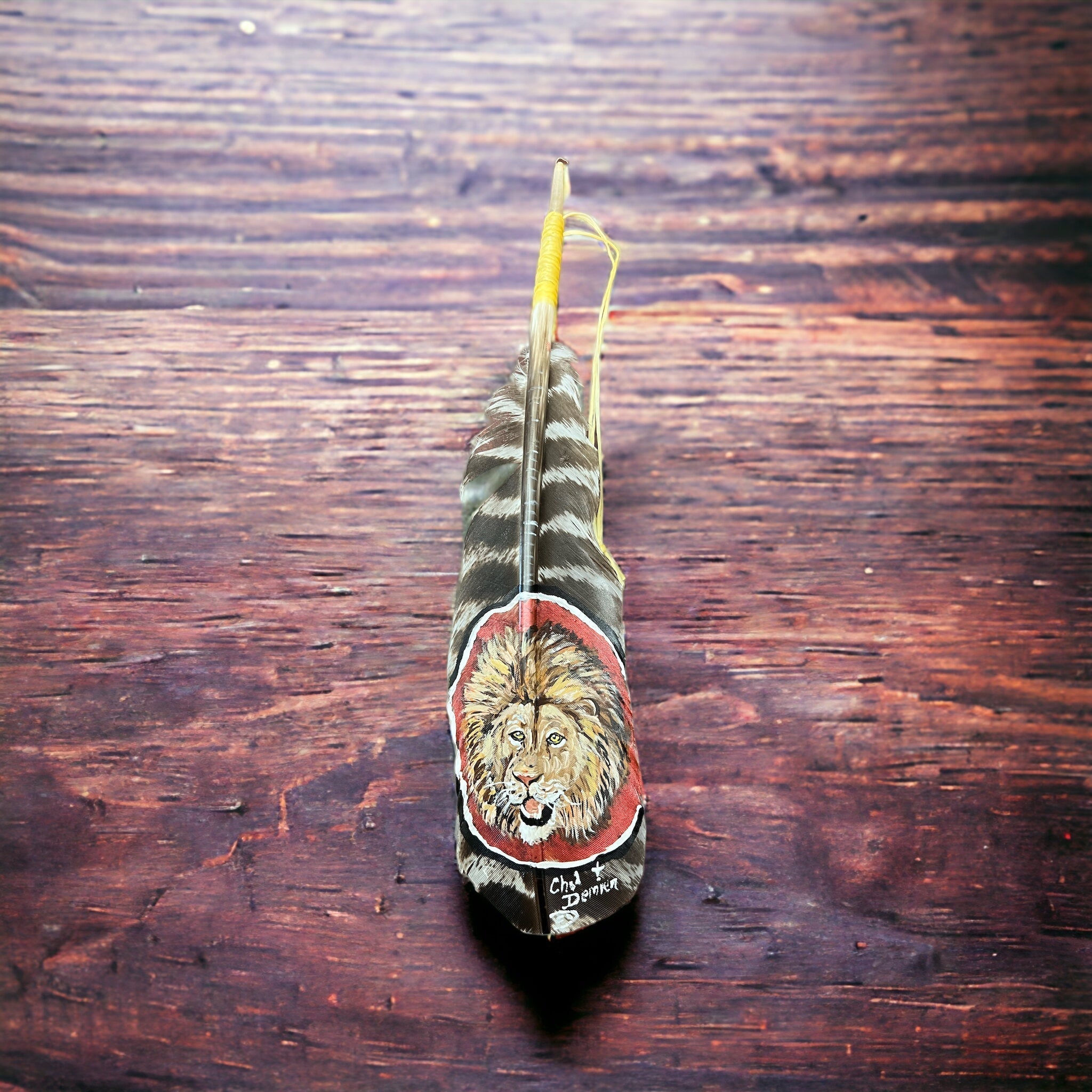 Hand-Painted Lion Hat Feather by Chad Demien — Wildlife Artisan Western Hat Accessory (Custom Available) - Rooted & Reckless Co.