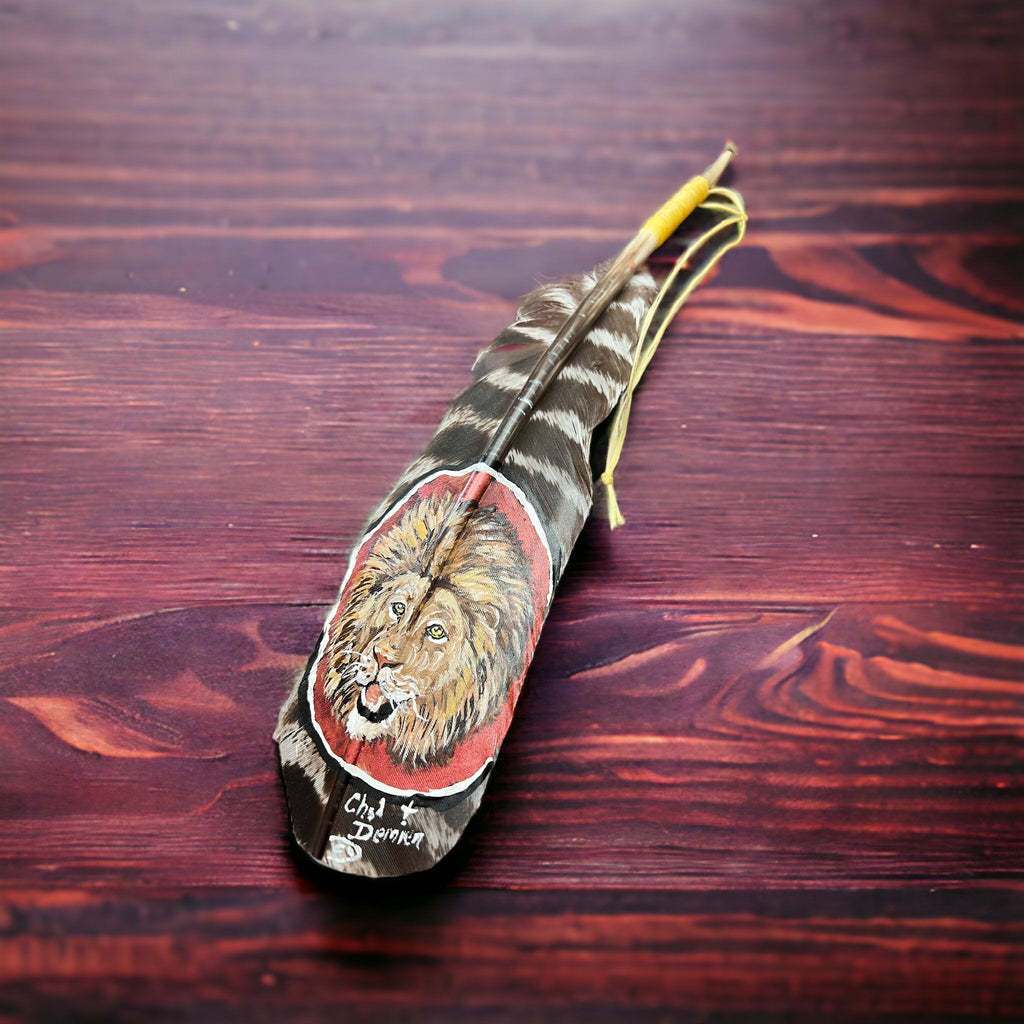 Hand-Painted Lion Hat Feather by Chad Demien — Wildlife Artisan Western Hat Accessory (Custom Available) - Rooted & Reckless Co.