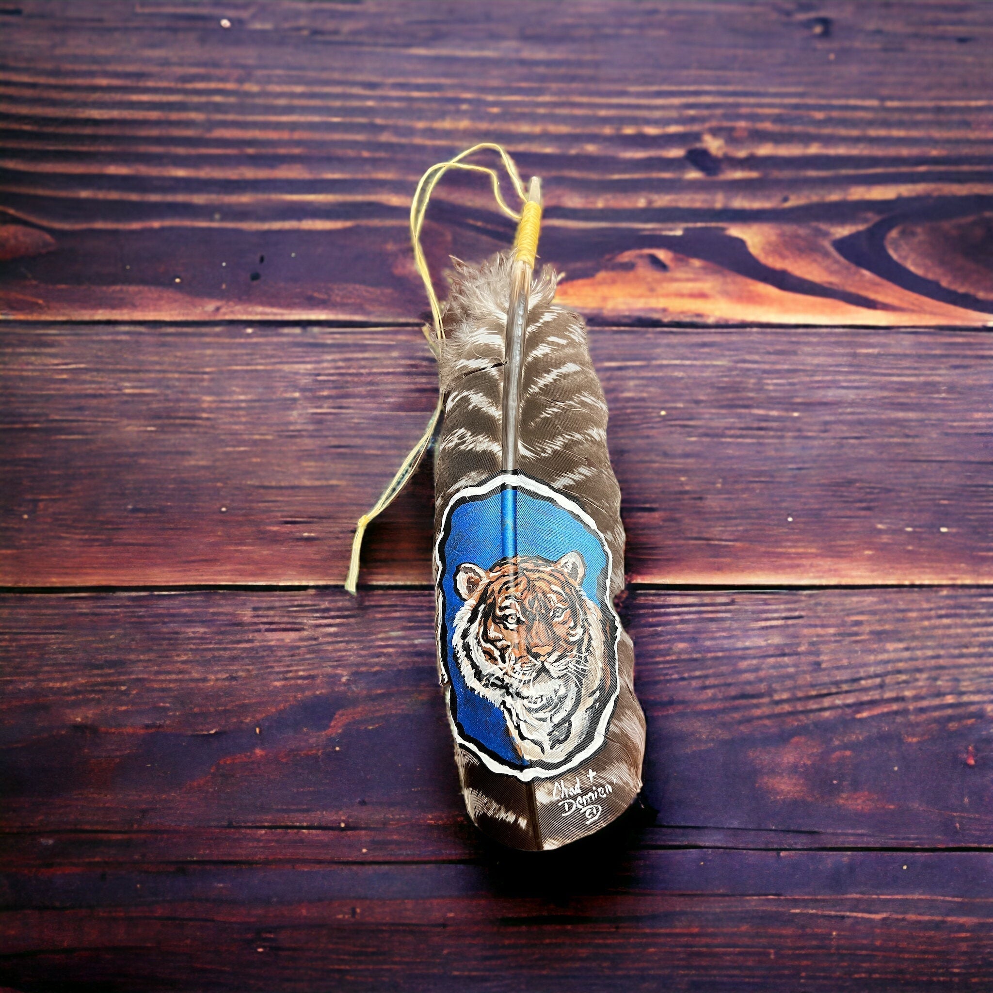 Hand-Painted Tiger Hat Feather by Chad Demien — Wildlife Artisan Western Hat Accessory (Custom Available) - Rooted & Reckless Co.