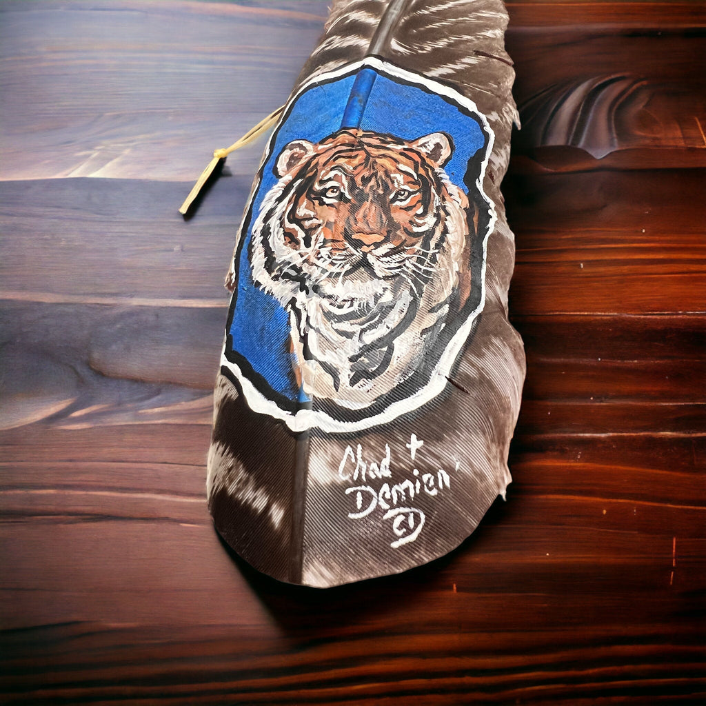 Hand-Painted Tiger Hat Feather by Chad Demien — Wildlife Artisan Western Hat Accessory (Custom Available) - Rooted & Reckless Co.