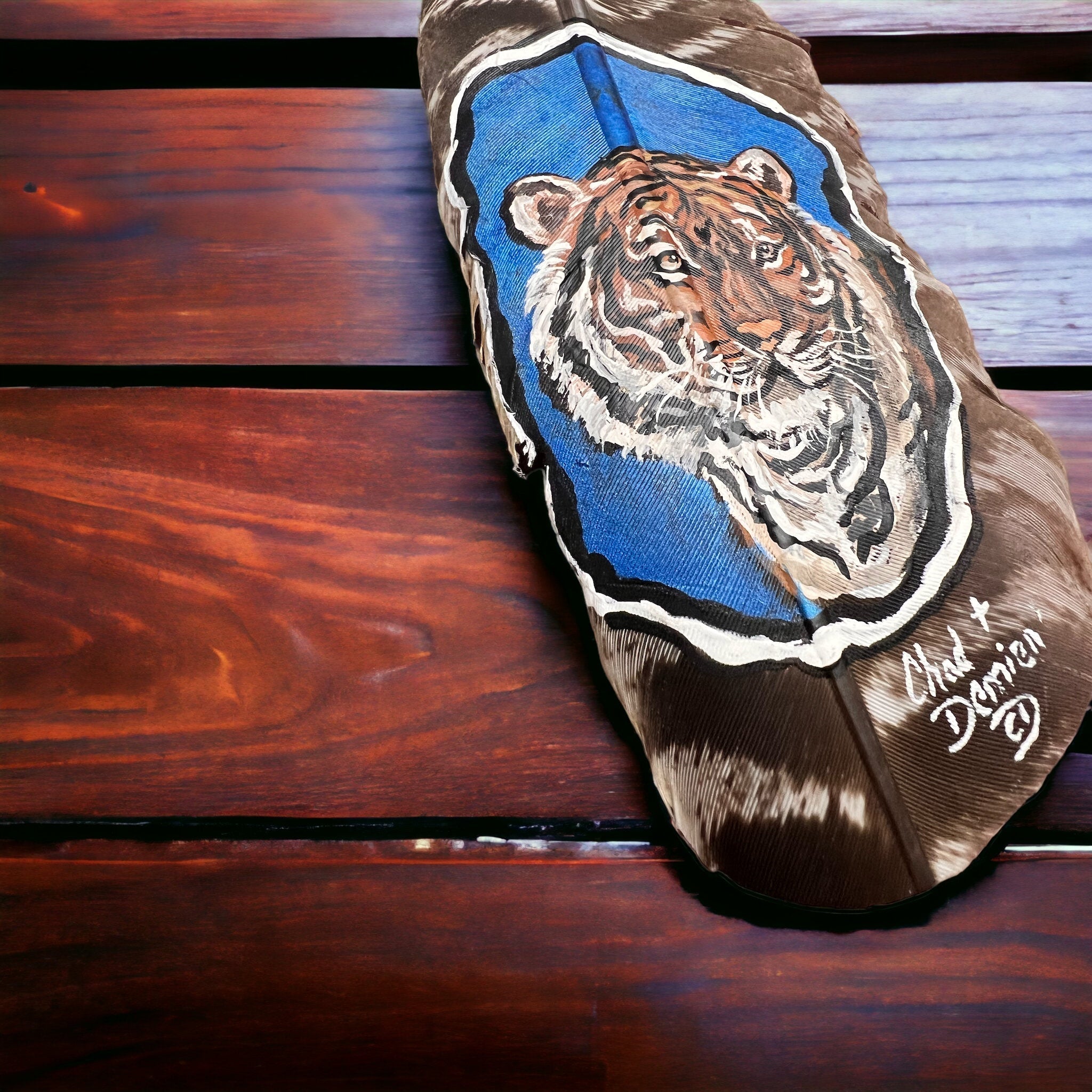Hand-Painted Tiger Hat Feather by Chad Demien — Wildlife Artisan Western Hat Accessory (Custom Available) - Rooted & Reckless Co.