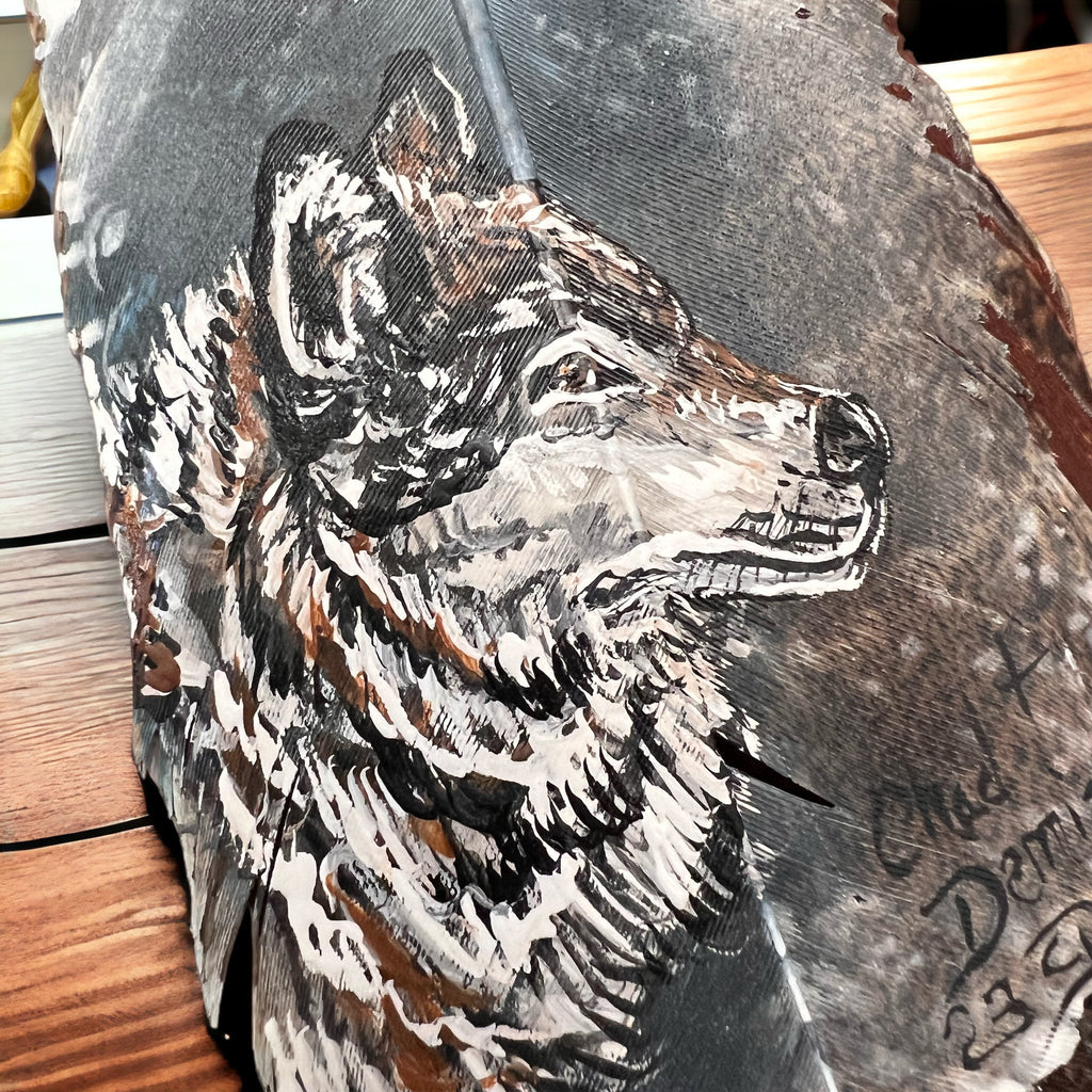 Hand-Painted Wolf Hat Feather by Chad Demien — Wildlife Artisan Western Hat Accessory (Custom Available) - Rooted & Reckless Co.