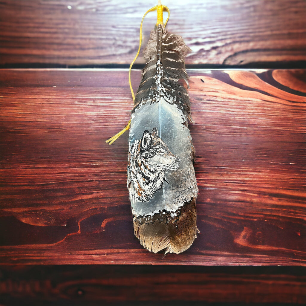 Hand-Painted Wolf Hat Feather by Chad Demien — Wildlife Artisan Western Hat Accessory (Custom Available) - Rooted & Reckless Co.
