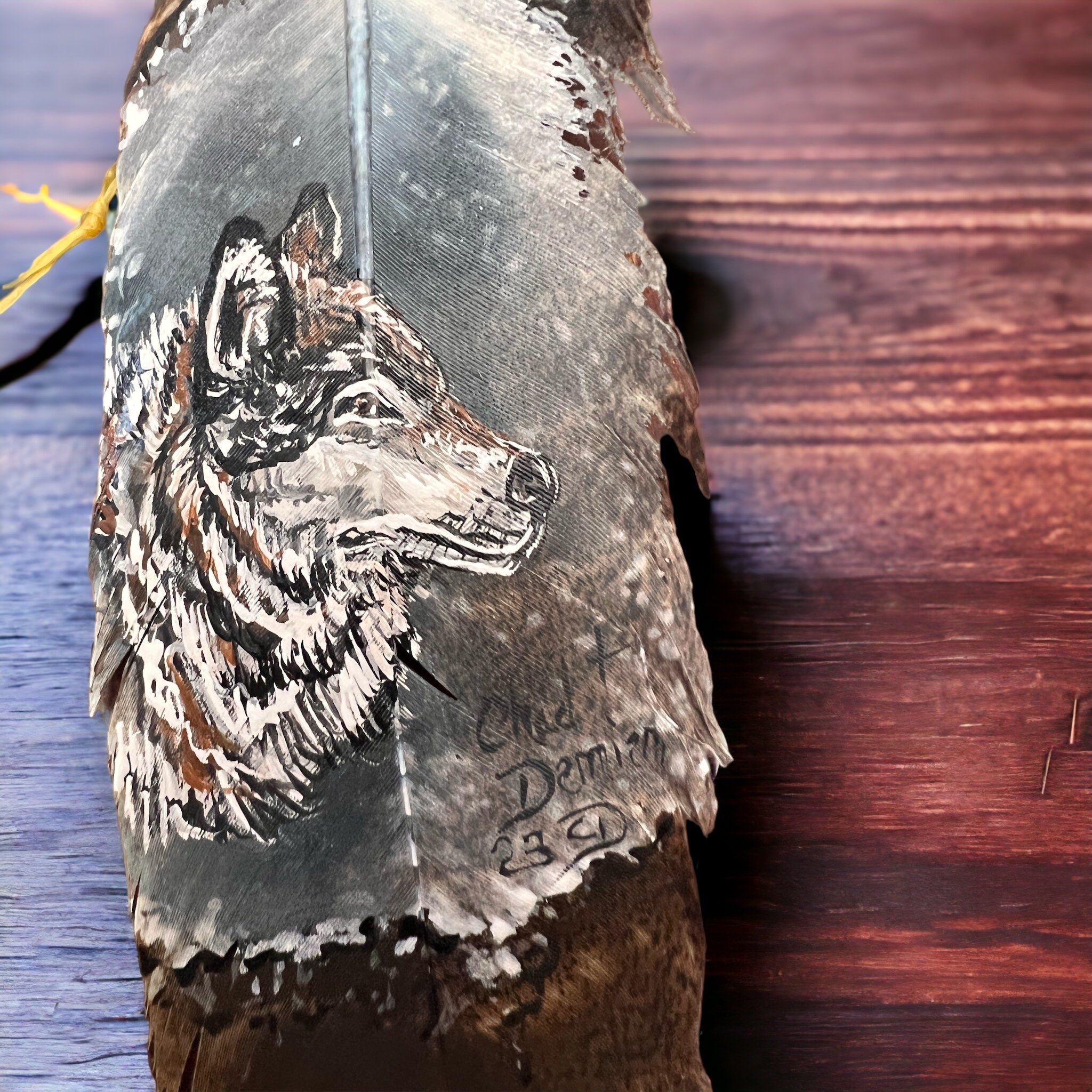 Hand-Painted Wolf Hat Feather by Chad Demien — Wildlife Artisan Western Hat Accessory (Custom Available) - Rooted & Reckless Co.