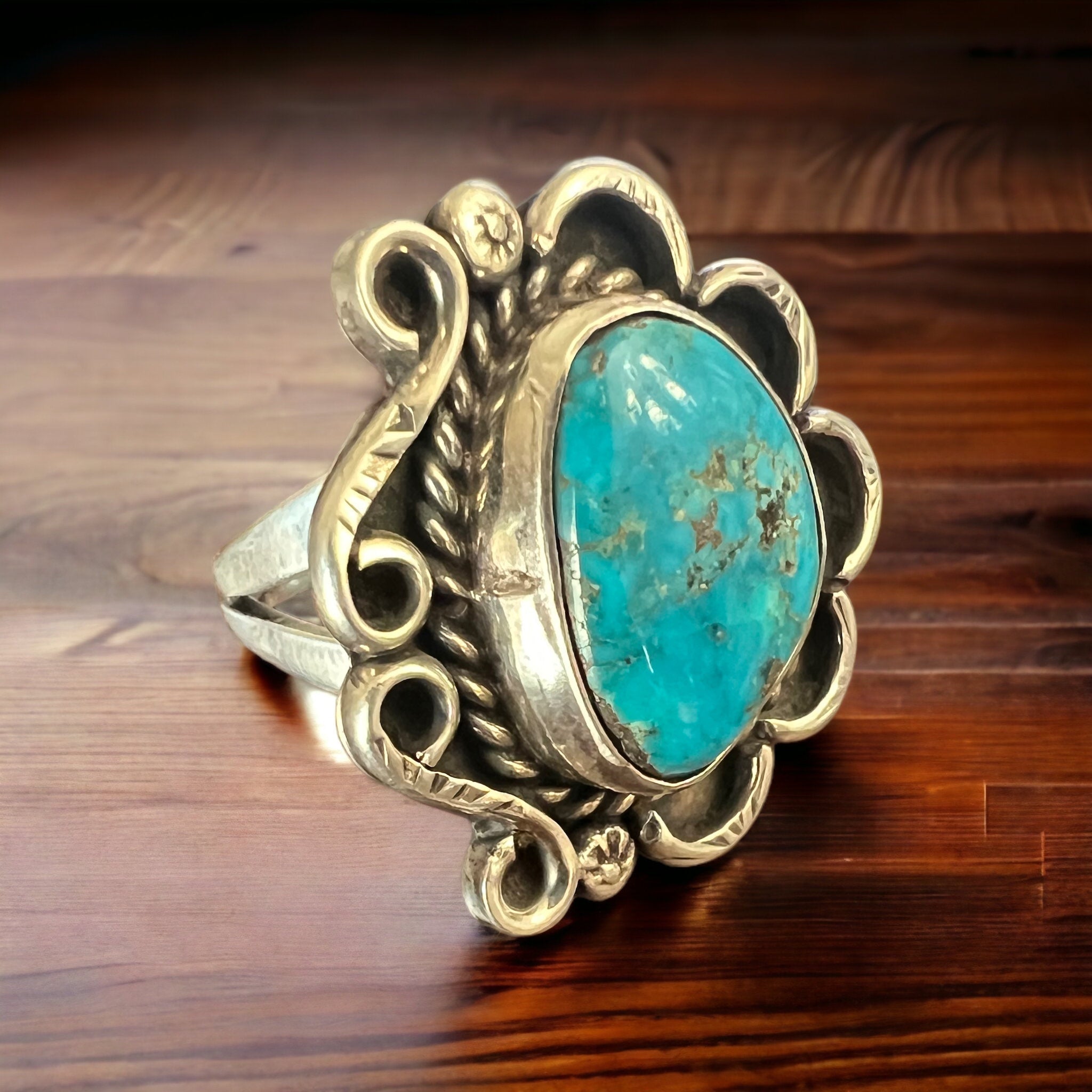 Hand-Stamped Sterling Silver Turquoise Cabochon Ring — Hallmark RJ, Size 7 (Vintage Native American) - Rooted & Reckless Co.