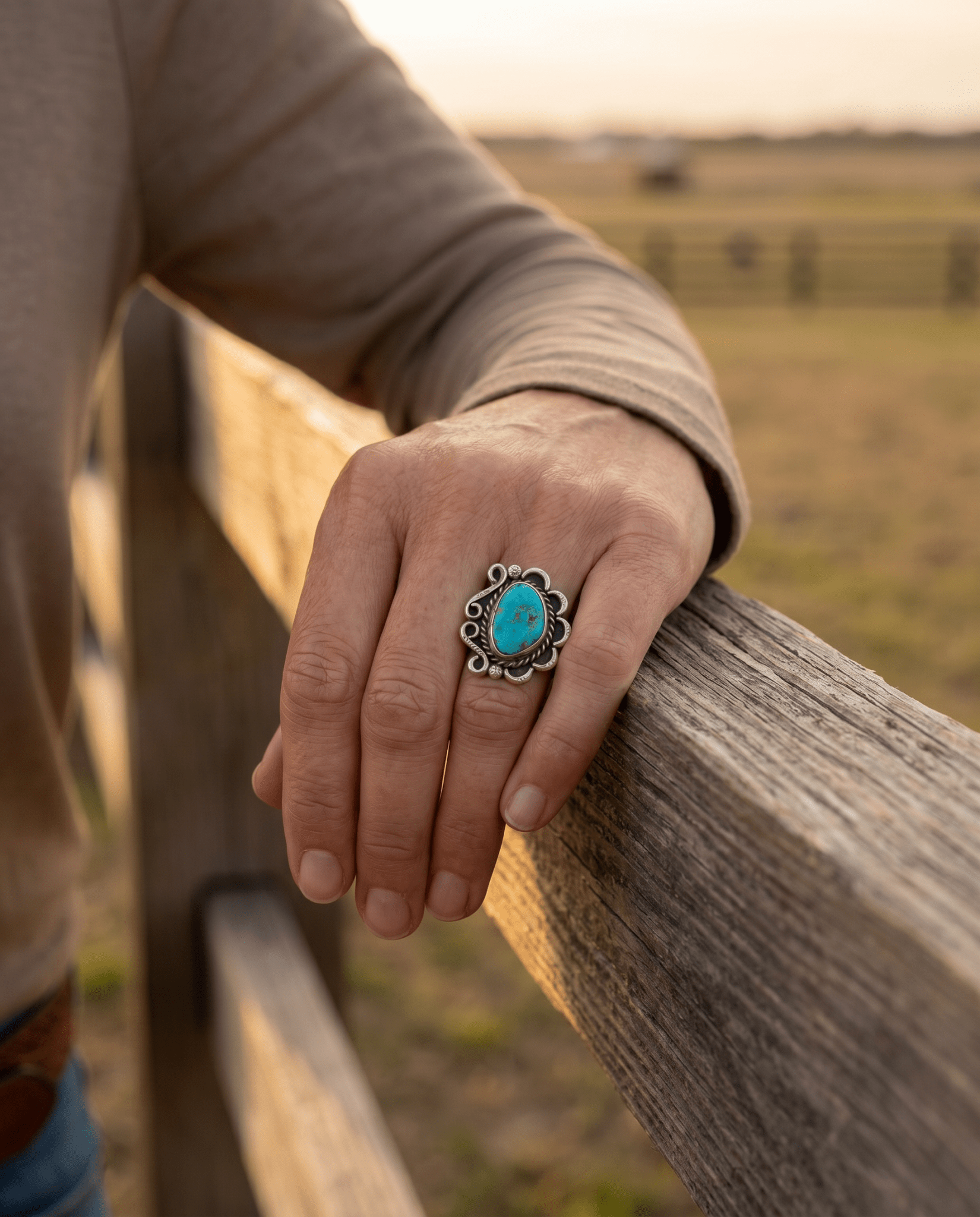 Hand-Stamped Sterling Silver Turquoise Cabochon Ring — Hallmark RJ, Size 7 (Vintage Native American) - Rooted & Reckless Co.