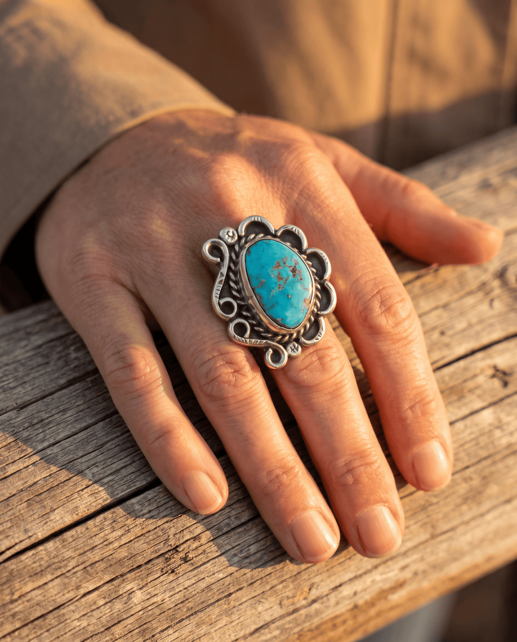Hand-Stamped Sterling Silver Turquoise Cabochon Ring — Hallmark RJ, Size 7 (Vintage Native American) - Rooted & Reckless Co.