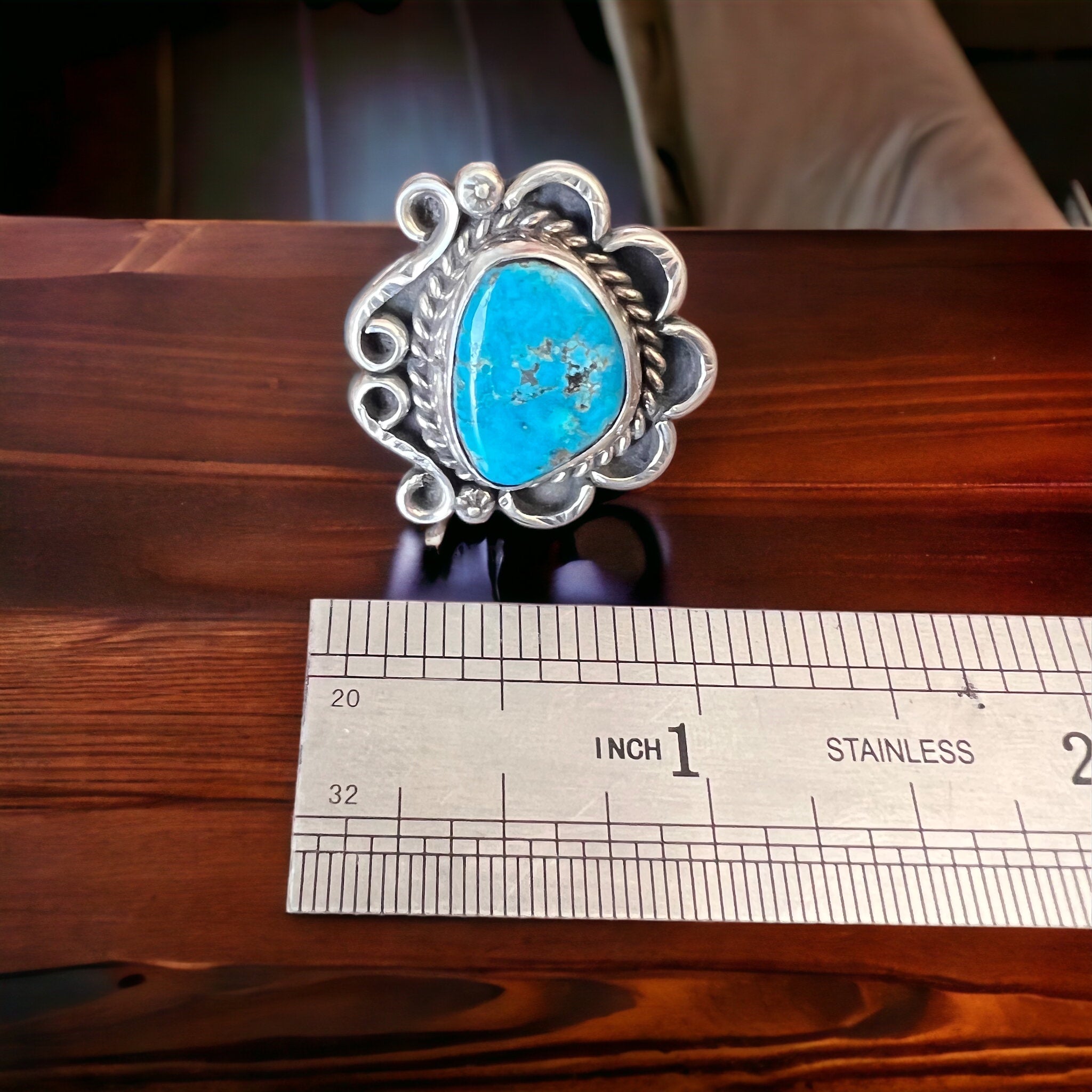 Hand-Stamped Sterling Silver Turquoise Cabochon Ring — Hallmark RJ, Size 7 (Vintage Native American) - Rooted & Reckless Co.