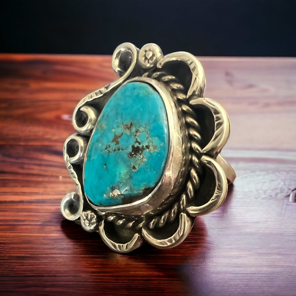 Hand-Stamped Sterling Silver Turquoise Cabochon Ring — Hallmark RJ, Size 7 (Vintage Native American) - Rooted & Reckless Co.