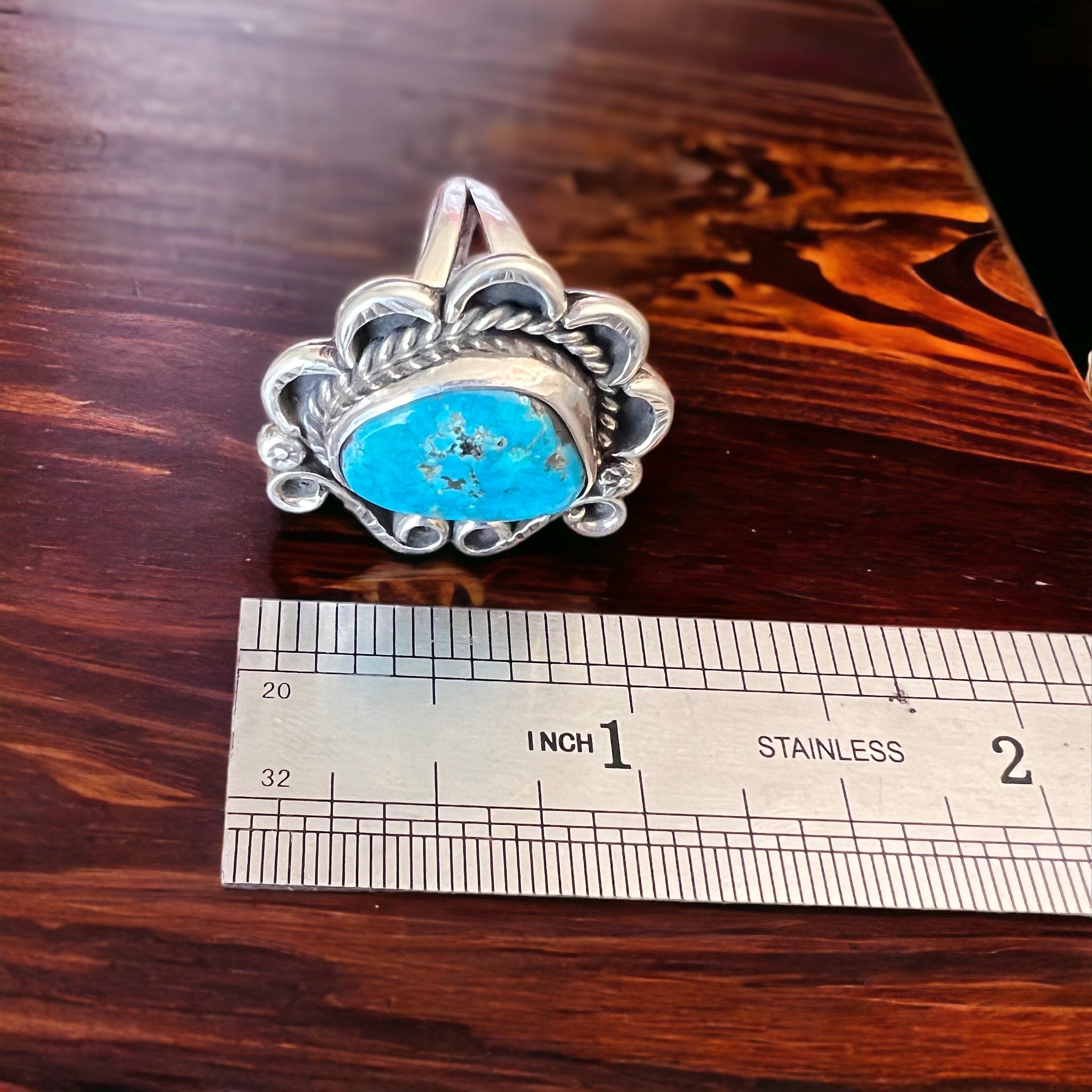 Hand-Stamped Sterling Silver Turquoise Cabochon Ring — Hallmark RJ, Size 7 (Vintage Native American) - Rooted & Reckless Co.