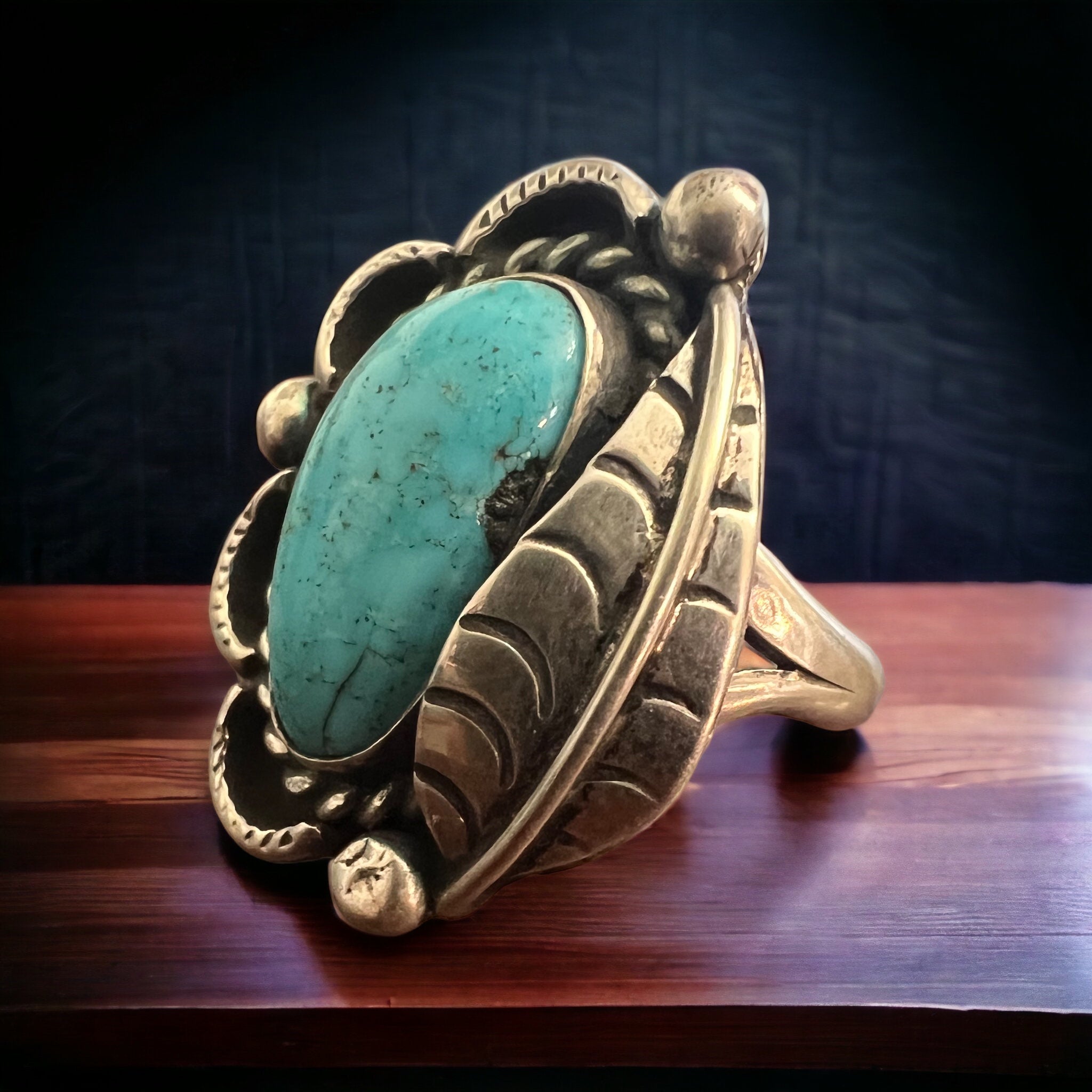 Hand-Stamped Sterling Silver Turquoise Cabochon Ring with Leaf Detail — Size 7 - Rooted & Reckless Co.