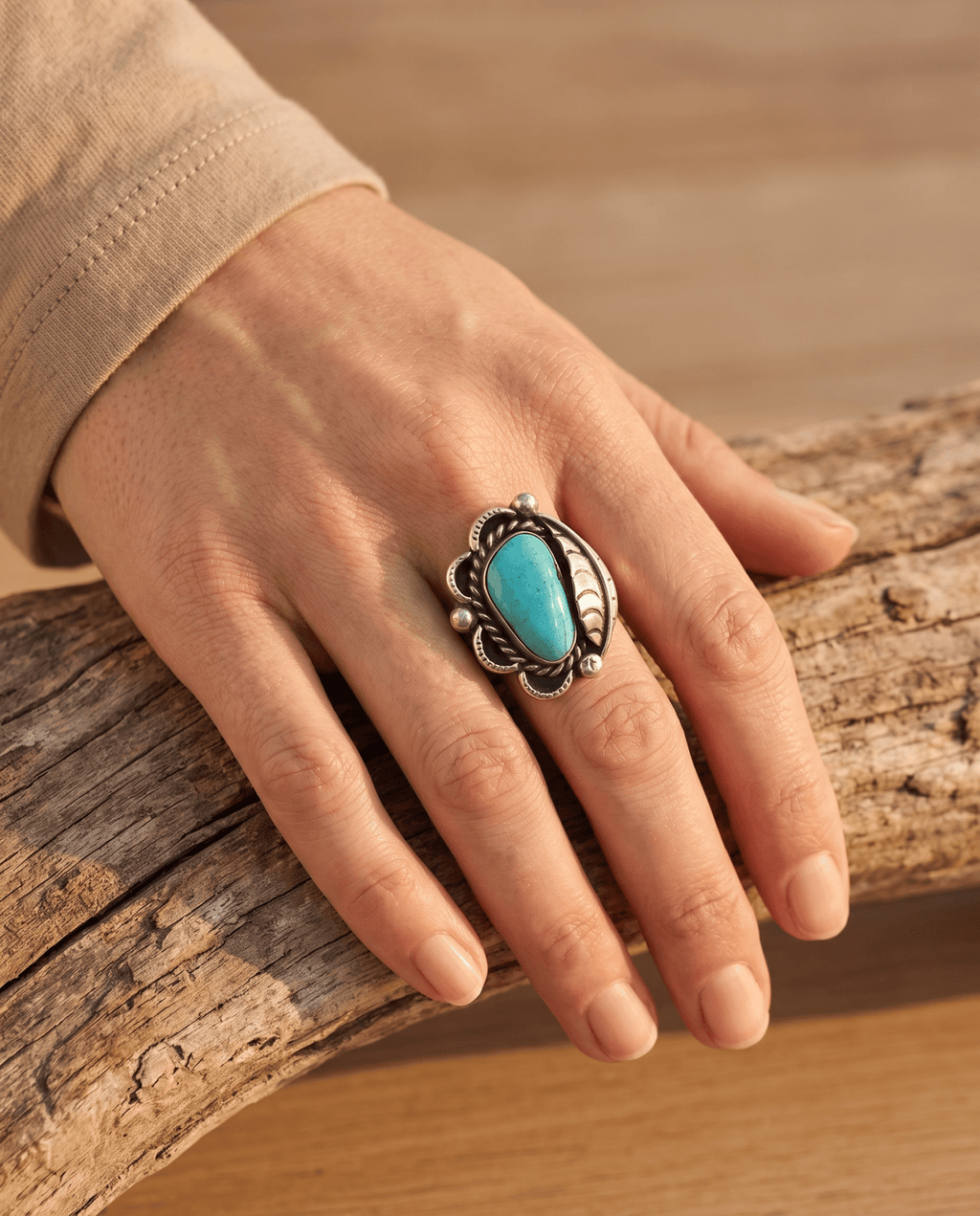 Hand-Stamped Sterling Silver Turquoise Cabochon Ring with Leaf Detail — Size 7 - Rooted & Reckless Co.