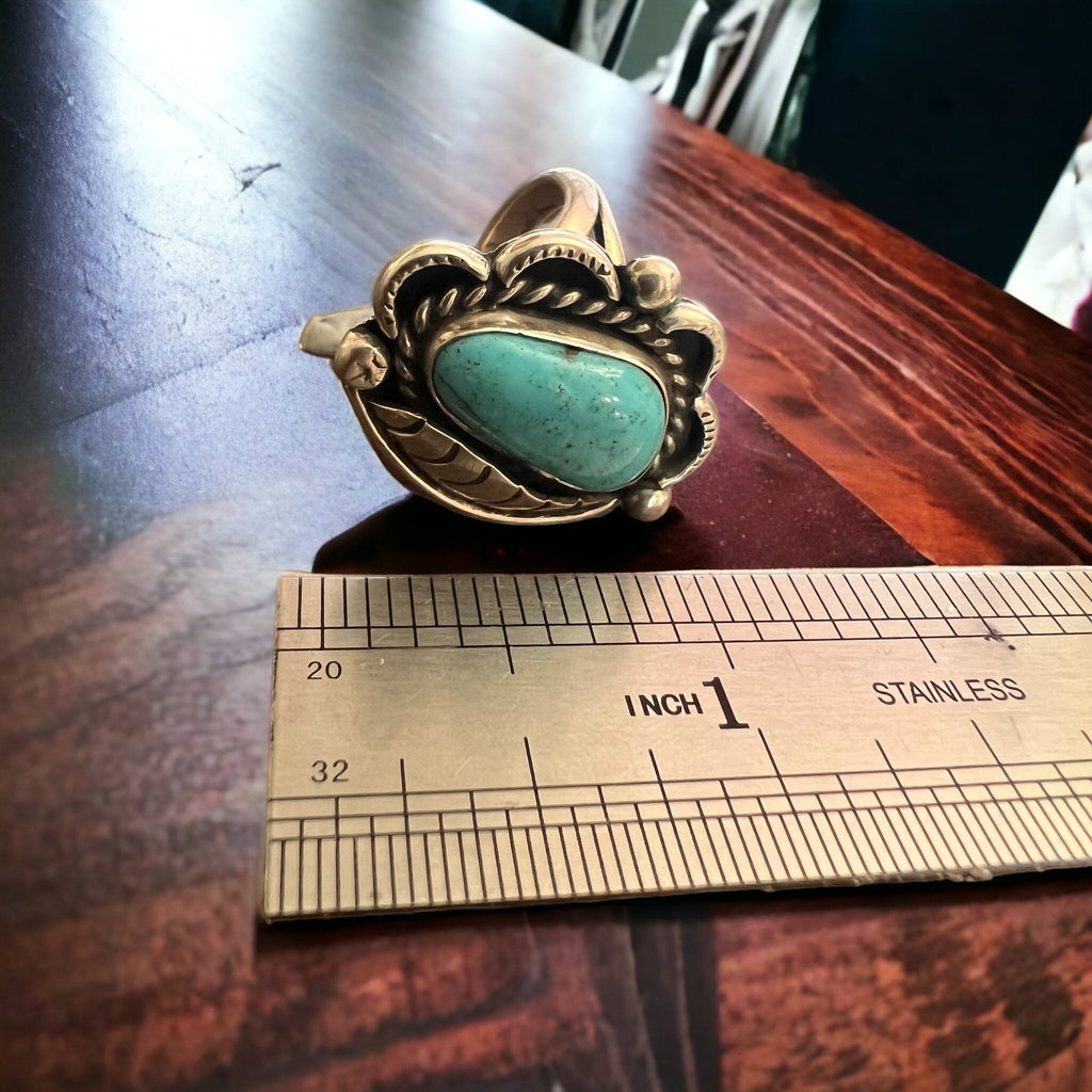 Hand-Stamped Sterling Silver Turquoise Cabochon Ring with Leaf Detail — Size 7 - Rooted & Reckless Co.