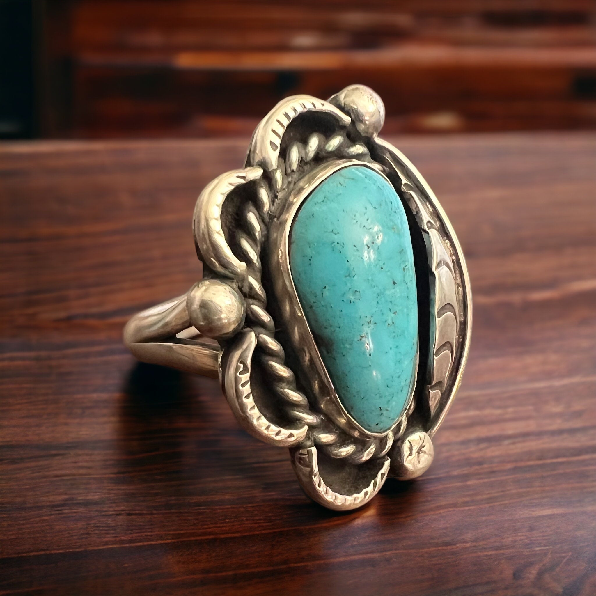 Hand-Stamped Sterling Silver Turquoise Cabochon Ring with Leaf Detail — Size 7 - Rooted & Reckless Co.