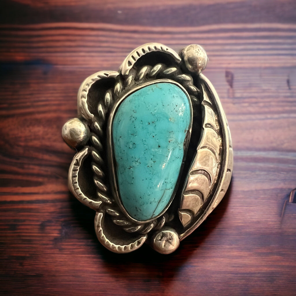 Hand-Stamped Sterling Silver Turquoise Cabochon Ring with Leaf Detail — Size 7 - Rooted & Reckless Co.