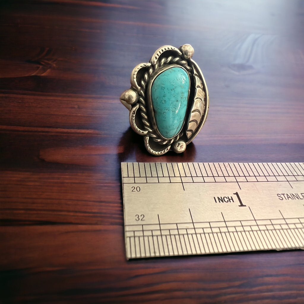 Hand-Stamped Sterling Silver Turquoise Cabochon Ring with Leaf Detail — Size 7 - Rooted & Reckless Co.