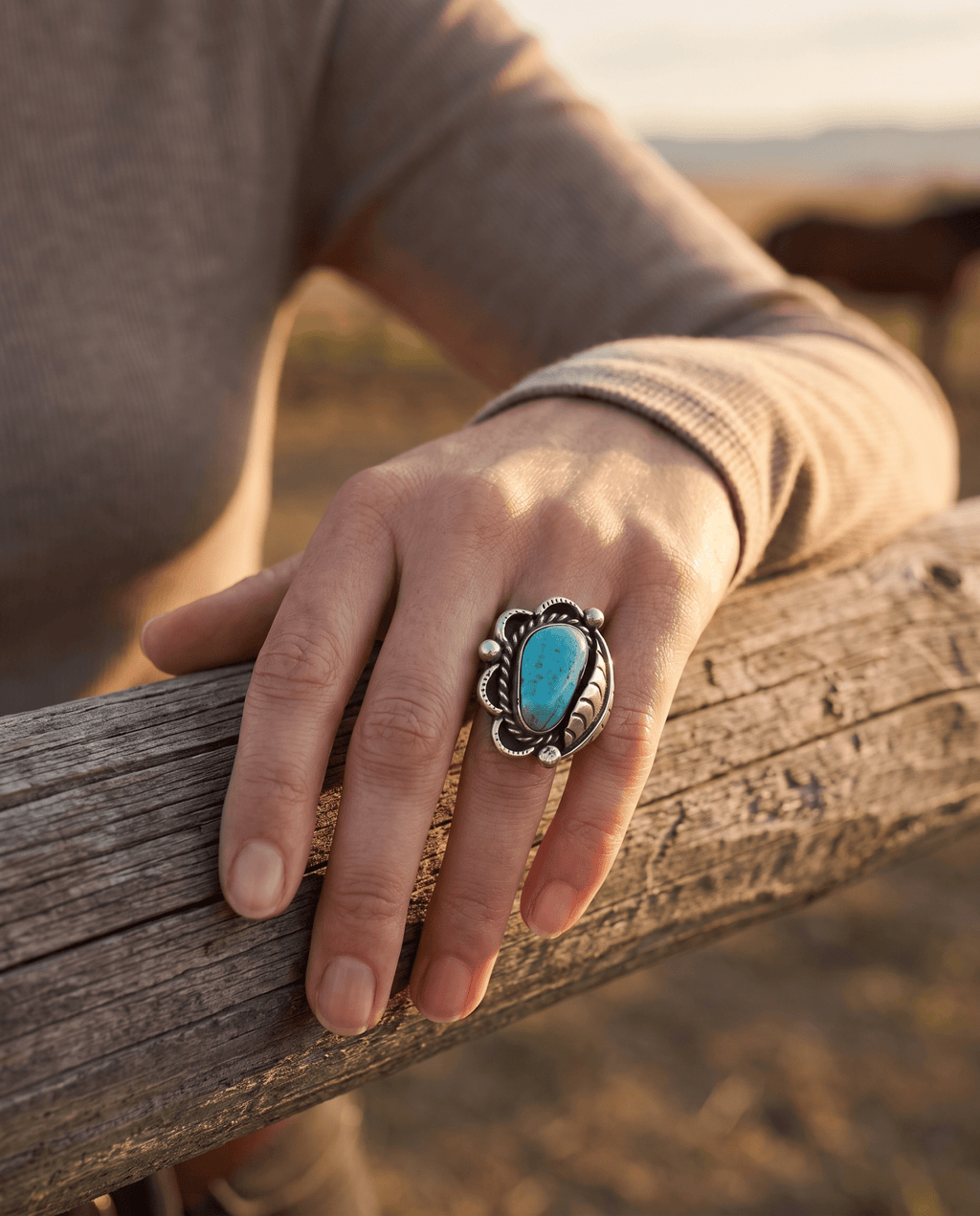 Hand-Stamped Sterling Silver Turquoise Cabochon Ring with Leaf Detail — Size 7 - Rooted & Reckless Co.