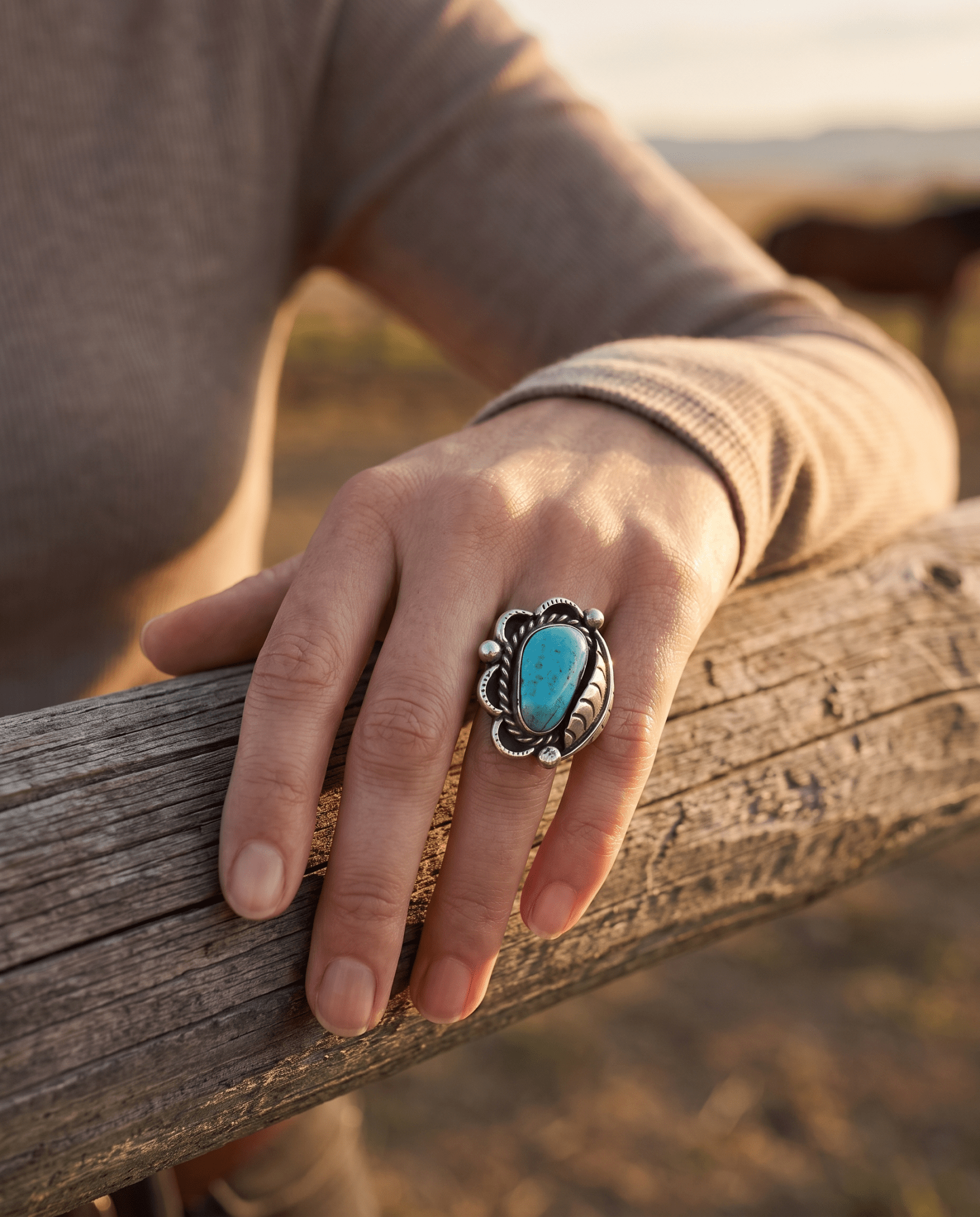 Hand-Stamped Sterling Silver Turquoise Cabochon Ring with Leaf Detail — Size 7 - Rooted & Reckless Co.
