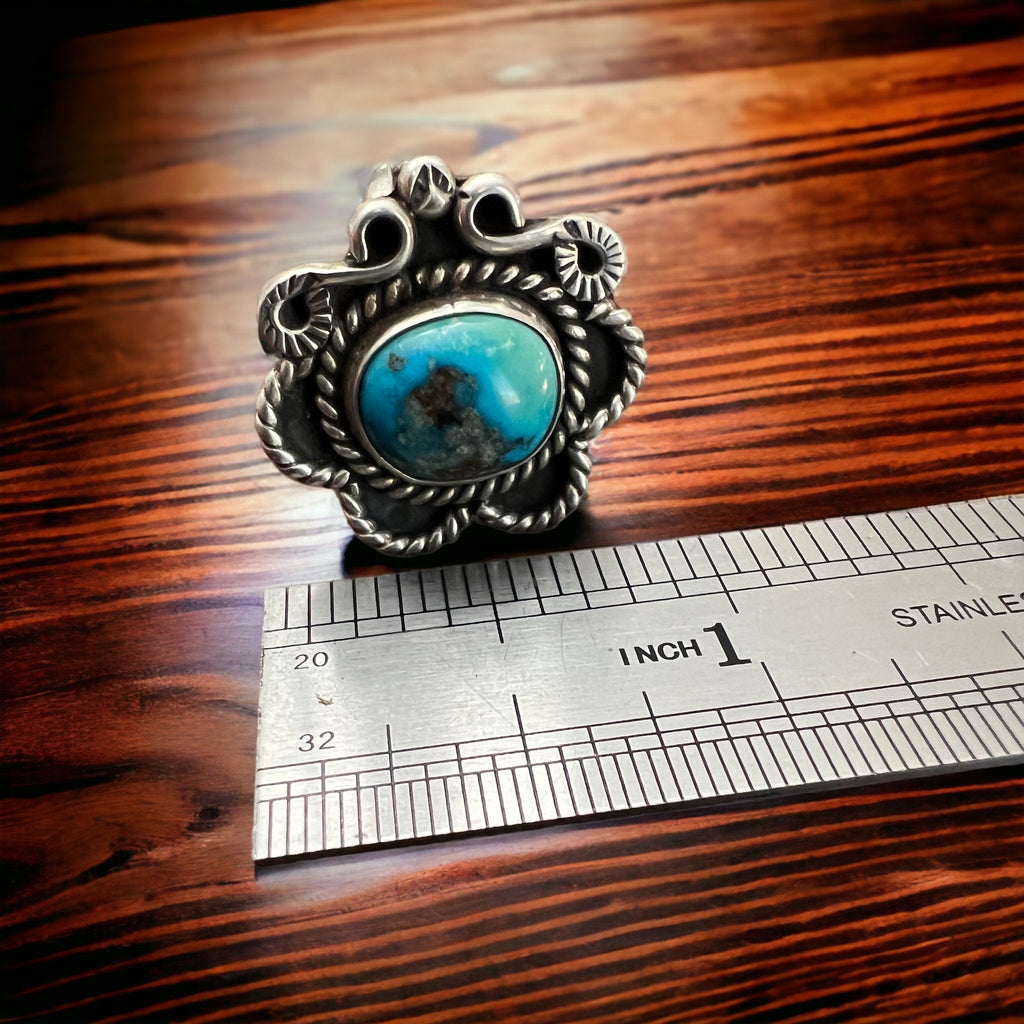 Hand-Stamped Sterling Silver Turquoise Ring — Size 5 (Native-Style) - Rooted & Reckless Co.