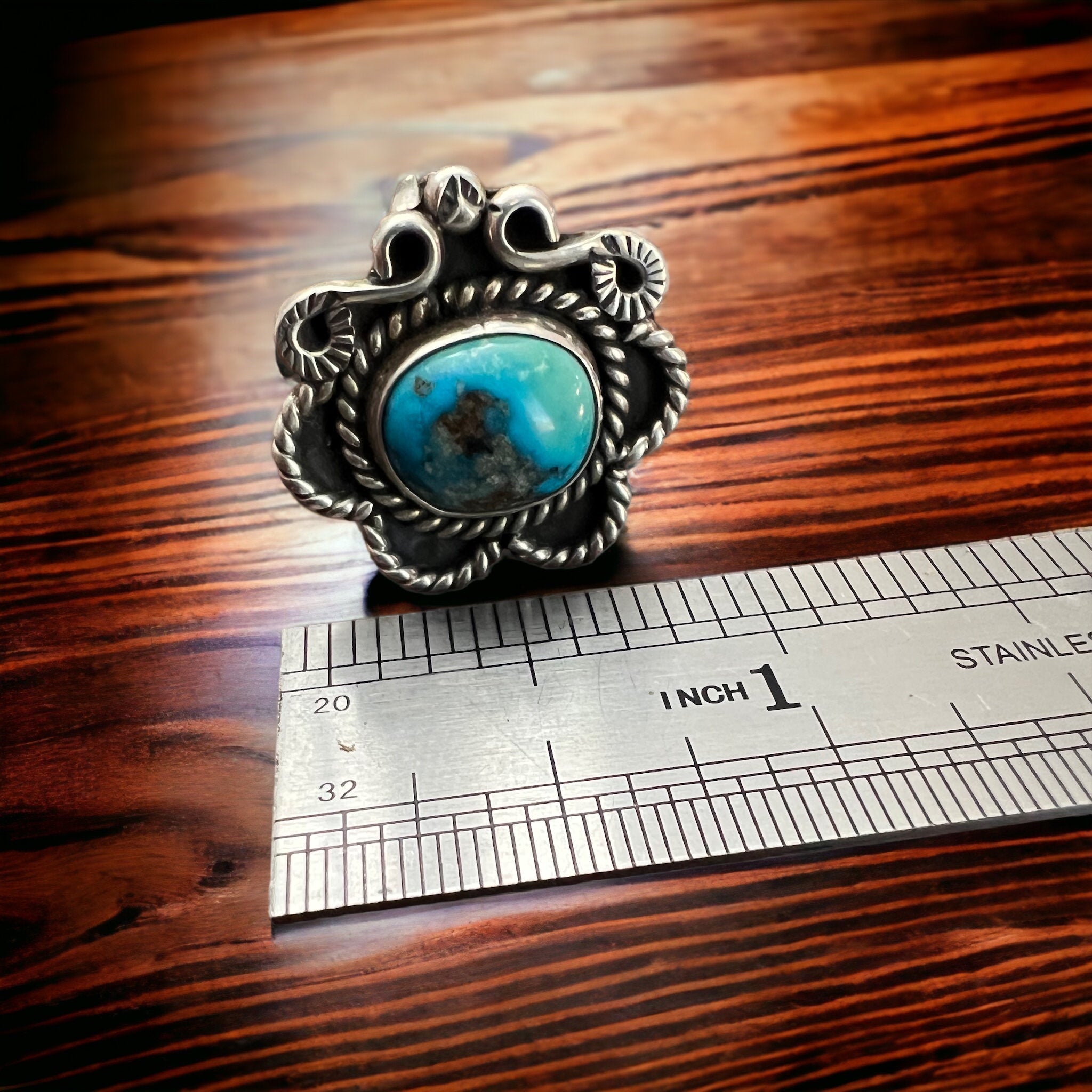 Hand-Stamped Sterling Silver Turquoise Ring — Size 5 (Native-Style) - Rooted & Reckless Co.
