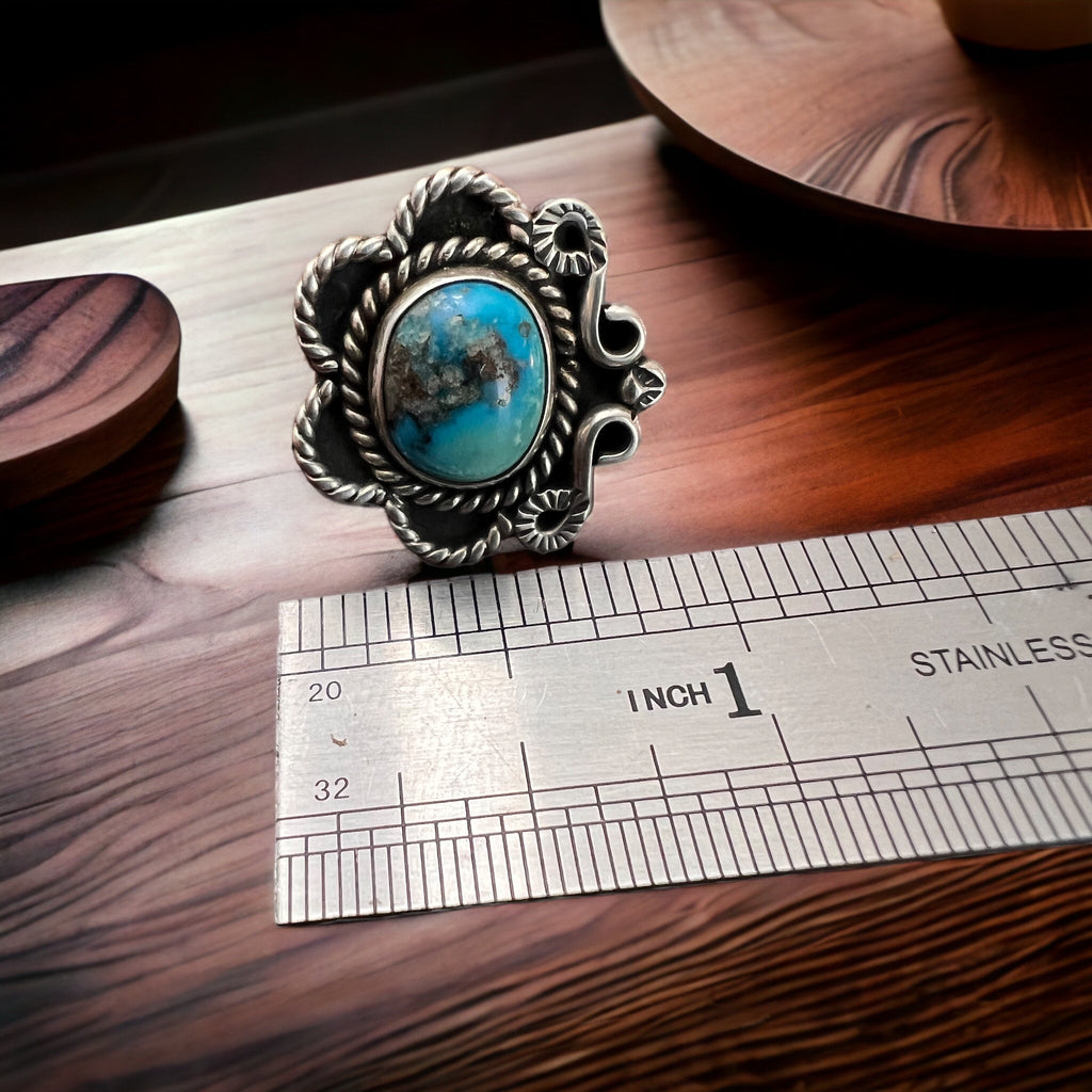 Hand-Stamped Sterling Silver Turquoise Ring — Size 5 (Native-Style) - Rooted & Reckless Co.