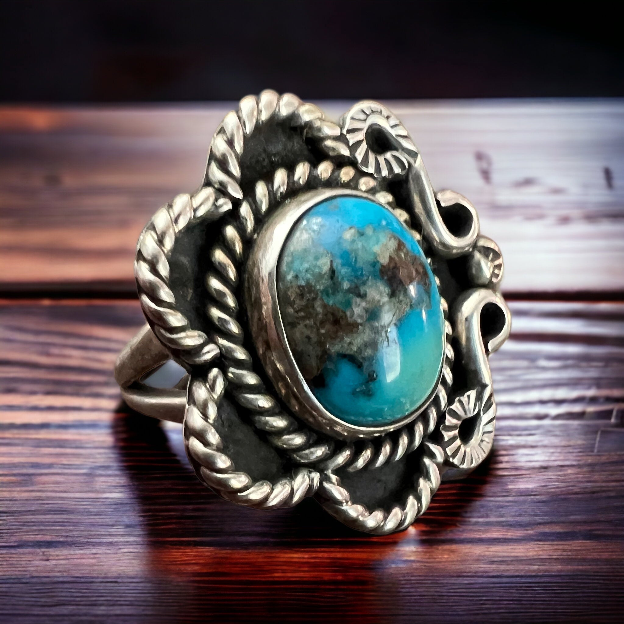 Hand-Stamped Sterling Silver Turquoise Ring — Size 5 (Native-Style) - Rooted & Reckless Co.
