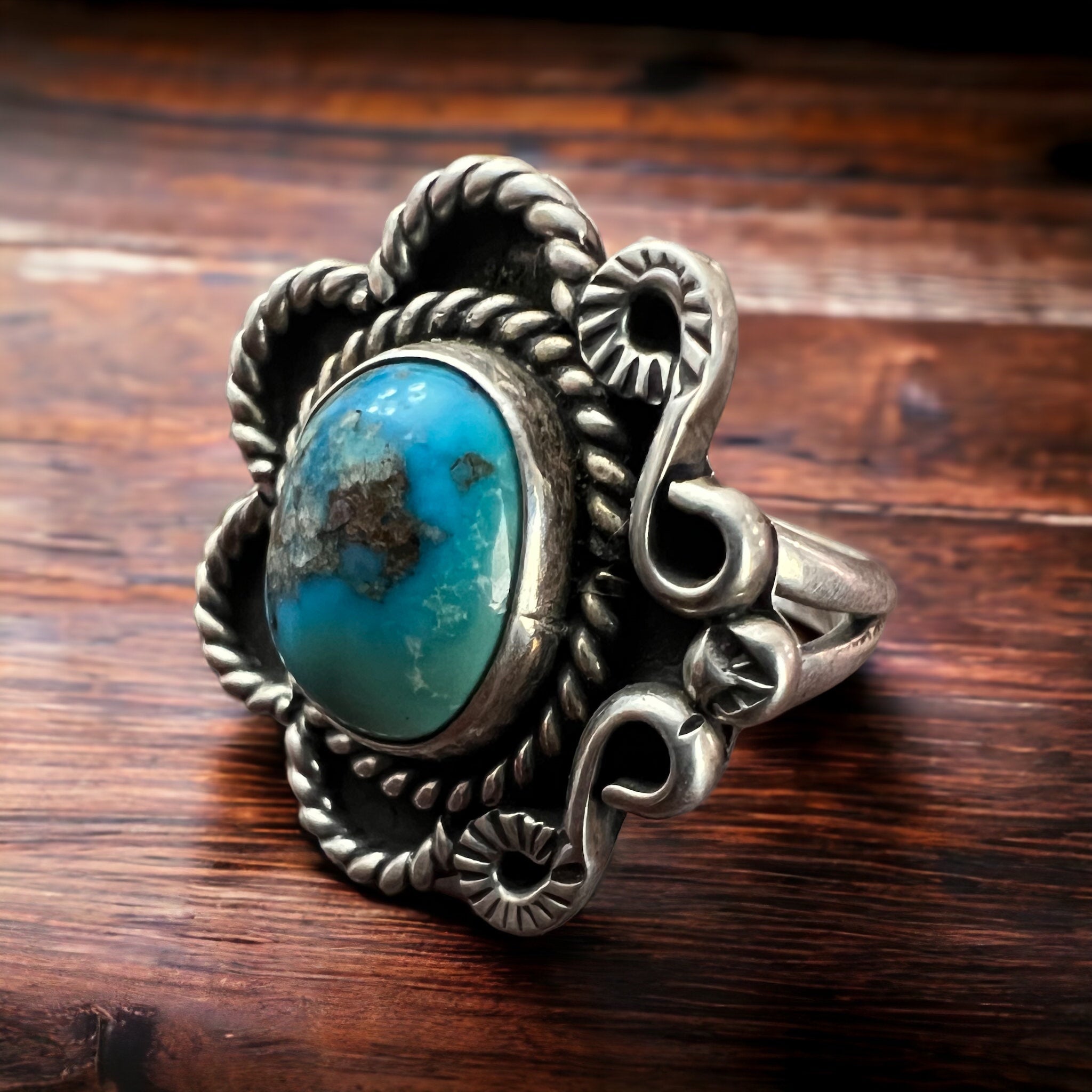 Hand-Stamped Sterling Silver Turquoise Ring — Size 5 (Native-Style) - Rooted & Reckless Co.