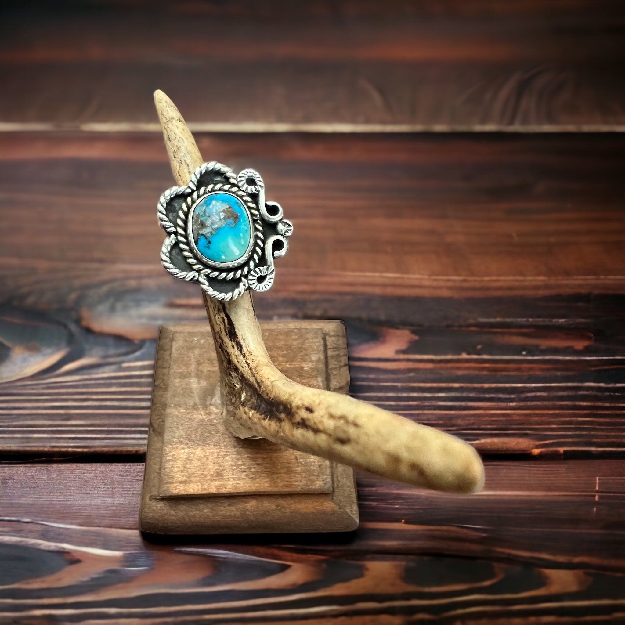 Hand-Stamped Sterling Silver Turquoise Ring — Size 5 (Native-Style) - Rooted & Reckless Co.