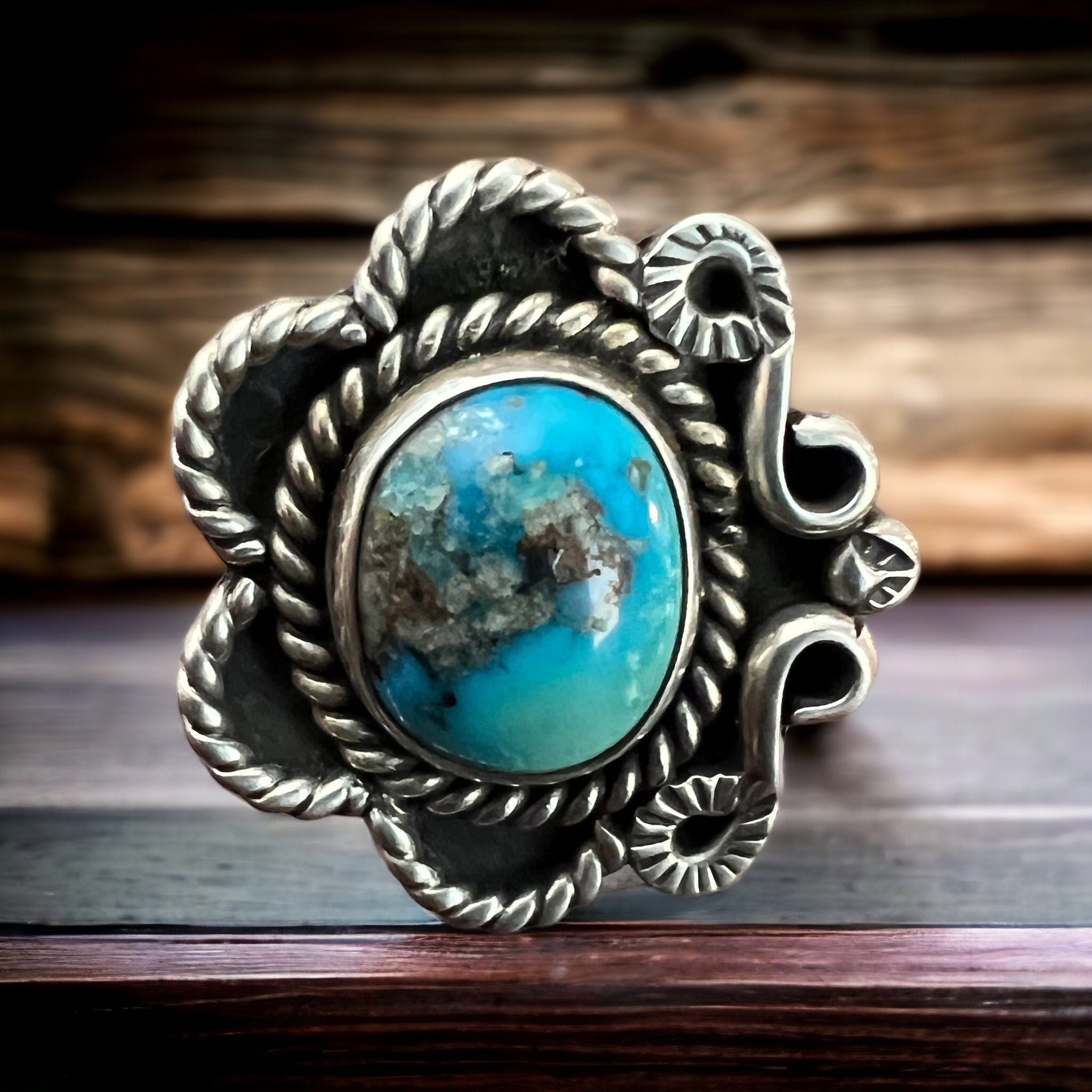 Hand-Stamped Sterling Silver Turquoise Ring — Size 5 (Native-Style) - Rooted & Reckless Co.