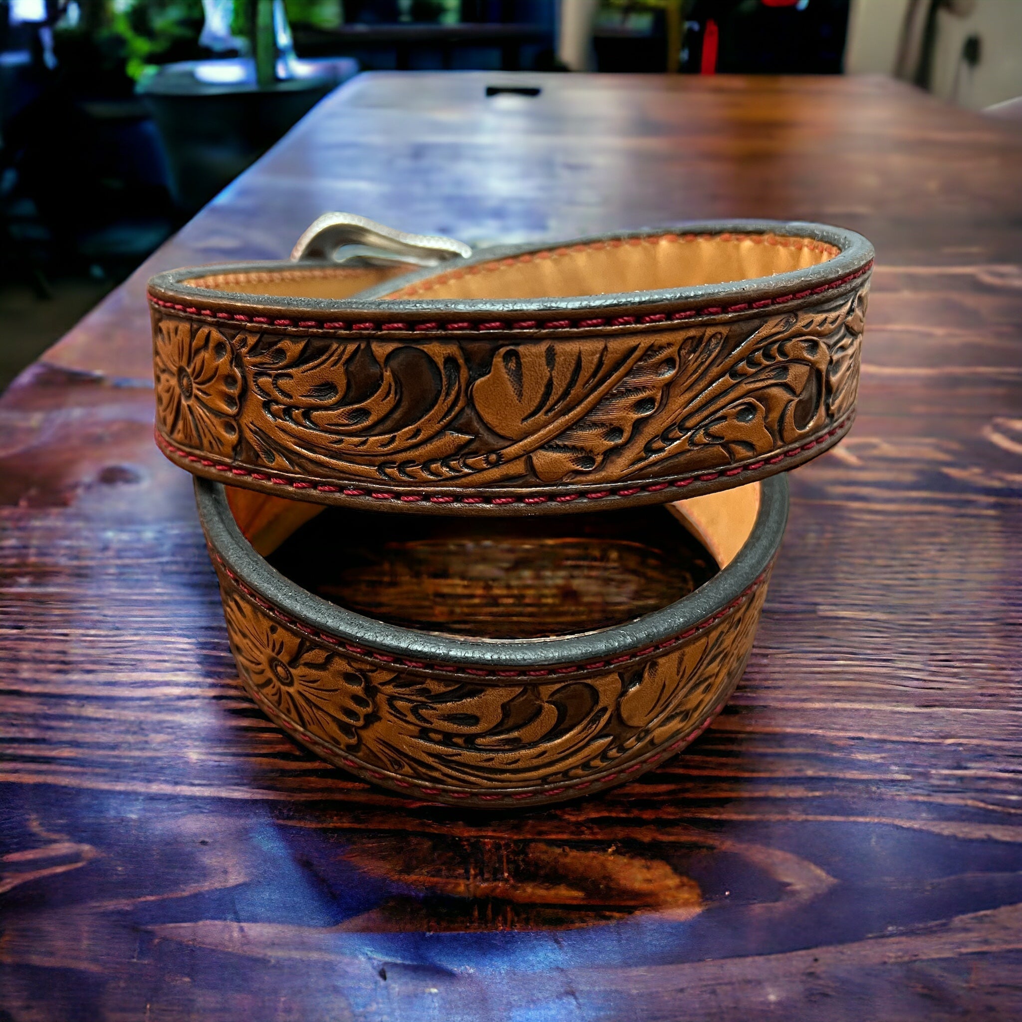 Hand-Tooled Western Leather Belt — Floral Design (32–36 Waist) - Rooted & Reckless Co.