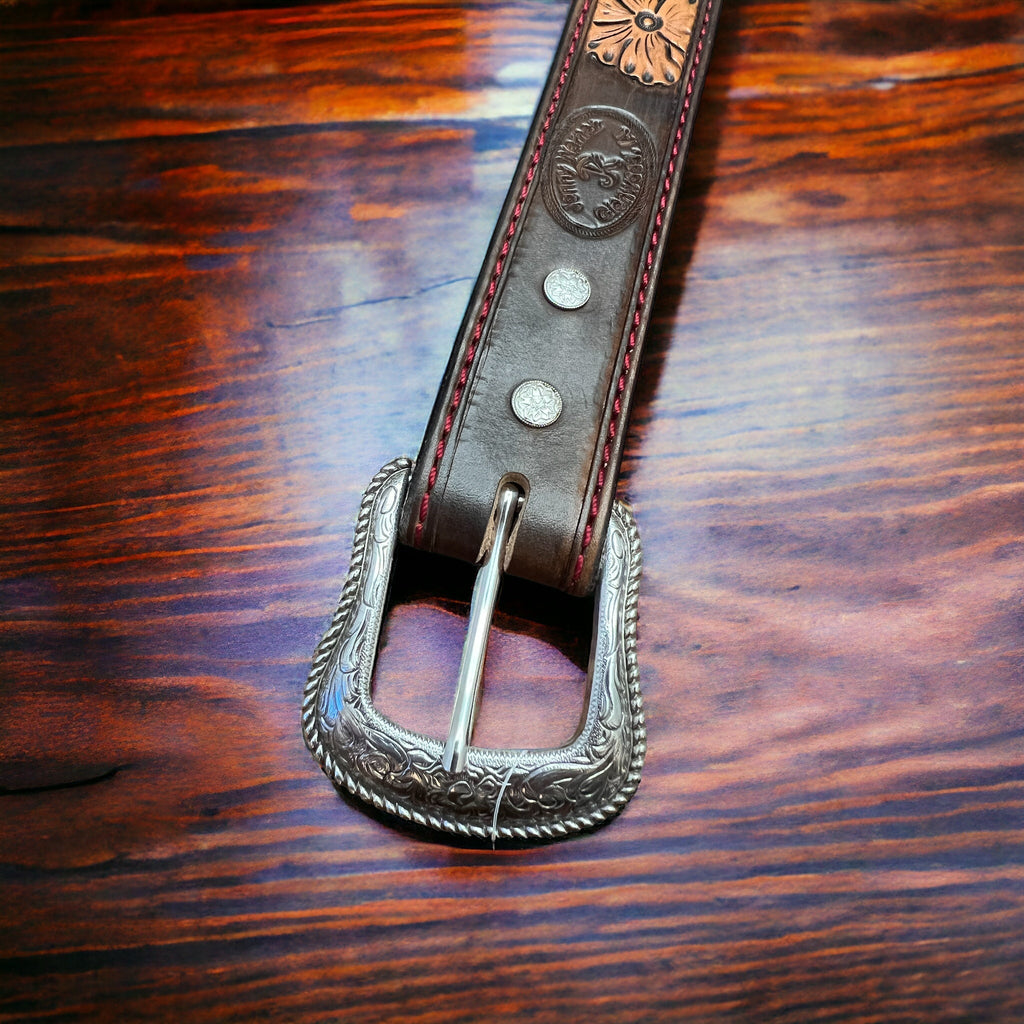 Hand-Tooled Western Leather Belt — Floral Design (32–36 Waist) - Rooted & Reckless Co.