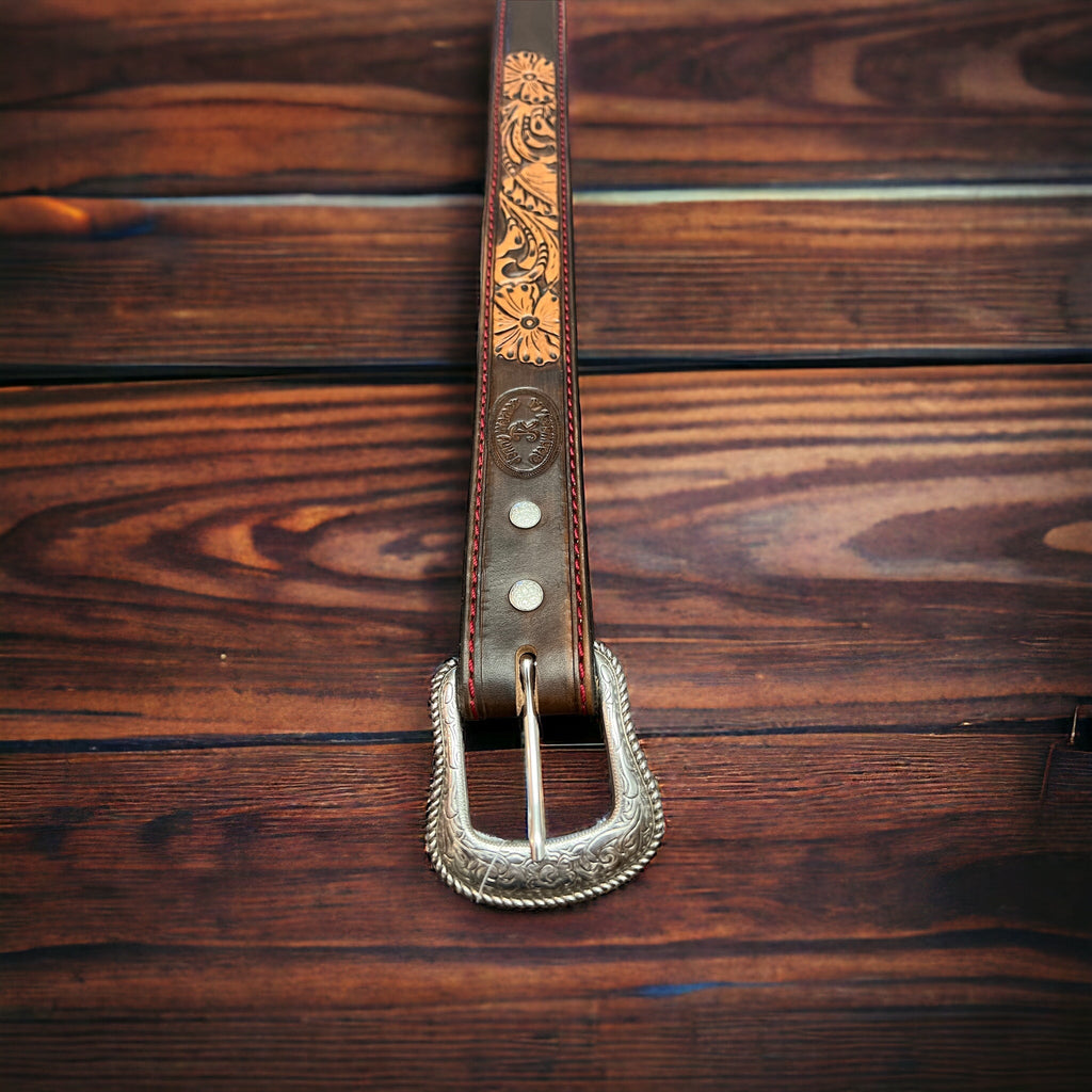 Hand-Tooled Western Leather Belt — Floral Design (32–36 Waist) - Rooted & Reckless Co.