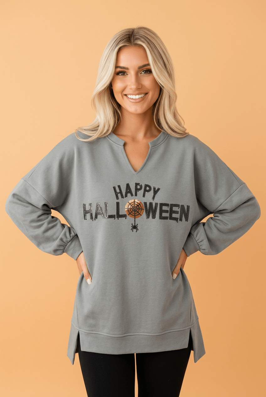 Happy Halloween Sequin Graphic Long Sleeve Top - Rooted & Reckless Co.
