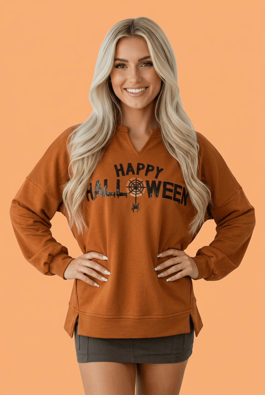 Happy Halloween Sequin Graphic Long Sleeve Top - Rooted & Reckless Co.