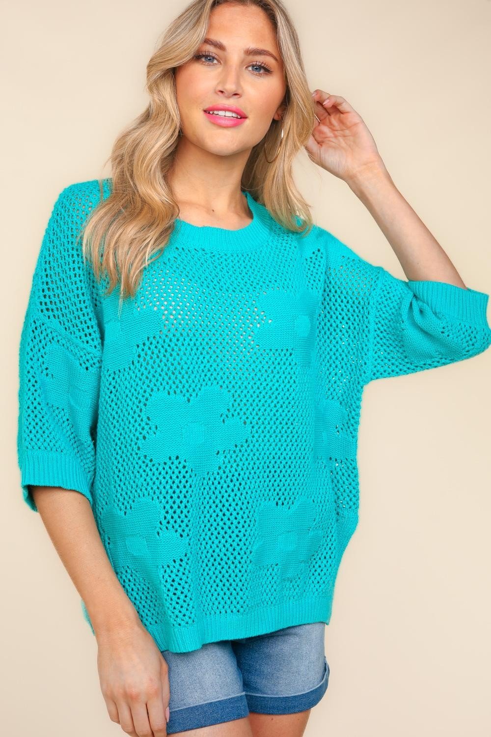 Haptics Floral Crochet Sweater Knit Western Top — Oversized 3/4 Sleeve with Side Slit Detail - Rooted & Reckless Co.