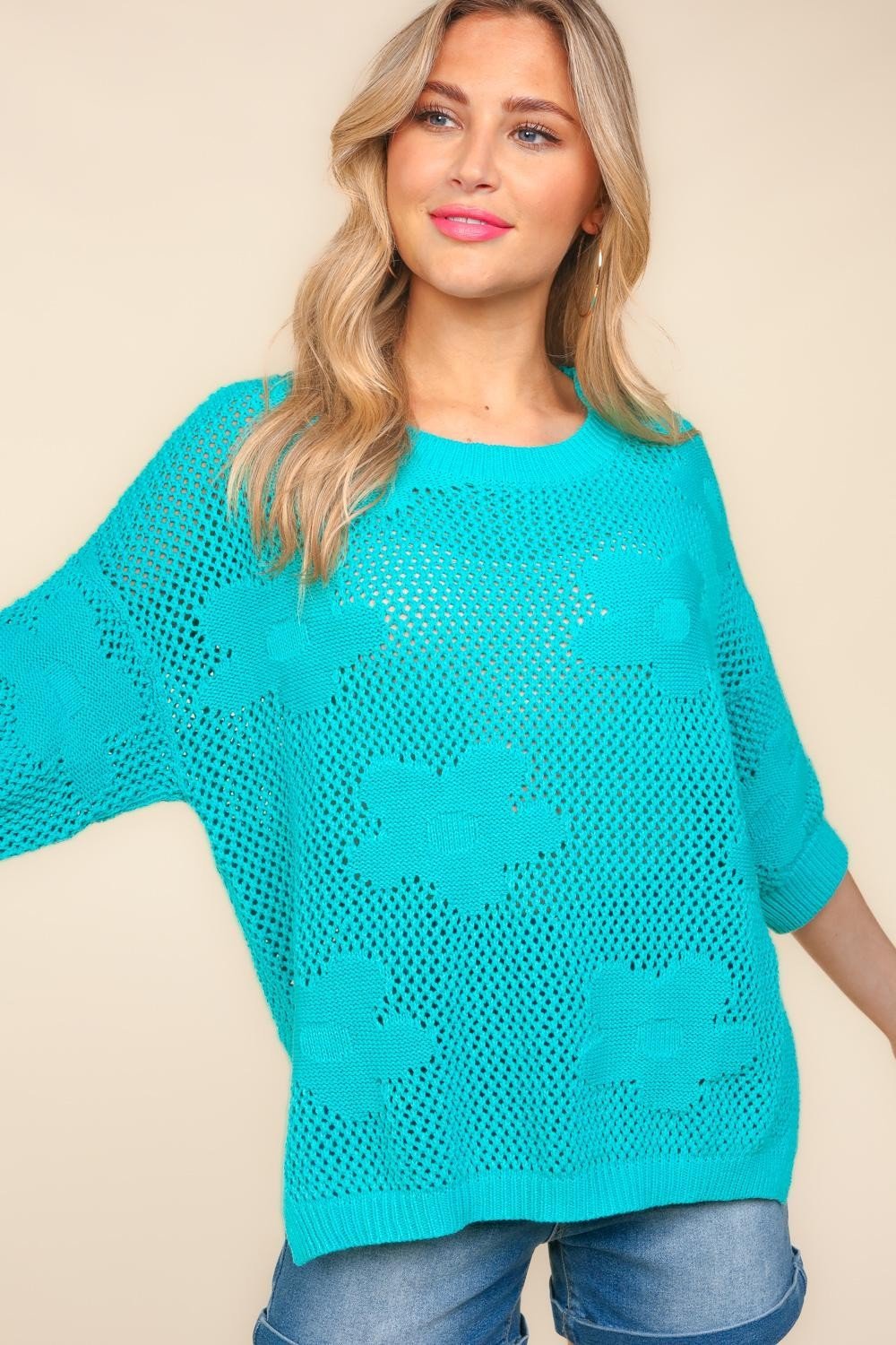 Haptics Floral Crochet Sweater Knit Western Top — Oversized 3/4 Sleeve with Side Slit Detail - Rooted & Reckless Co.