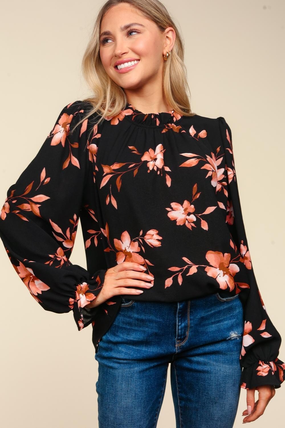 Haptics Floral Frilled Mock Neck Western Blouse — Bubble Long Sleeve Woven Top (small and medium remaining) - Rooted & Reckless Co.