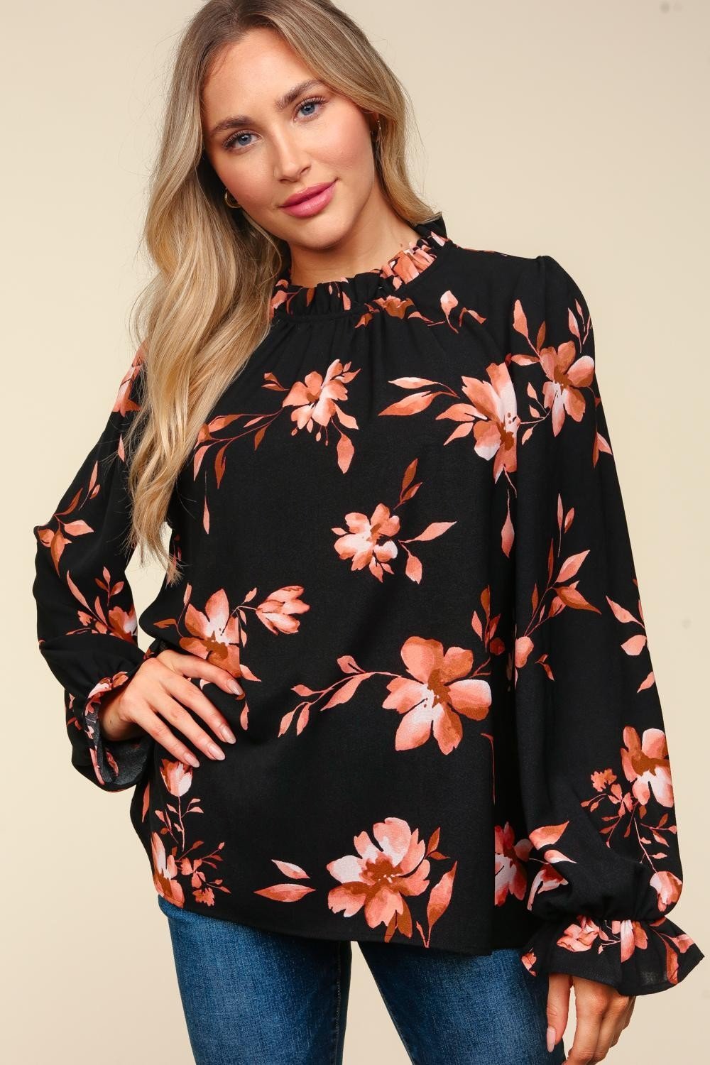 Haptics Floral Frilled Mock Neck Western Blouse — Bubble Long Sleeve Woven Top (small and medium remaining) - Rooted & Reckless Co.