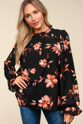 Haptics Floral Frilled Mock Neck Western Blouse — Bubble Long Sleeve Woven Top (small and medium remaining) - Rooted & Reckless Co.