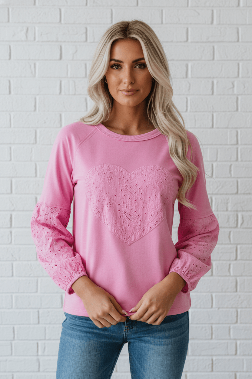 Heart Embroidered Eyelet Patchwork Long Sleeve Top - Rooted & Reckless Co.