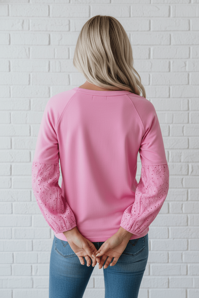 Heart Embroidered Eyelet Patchwork Long Sleeve Top - Rooted & Reckless Co.