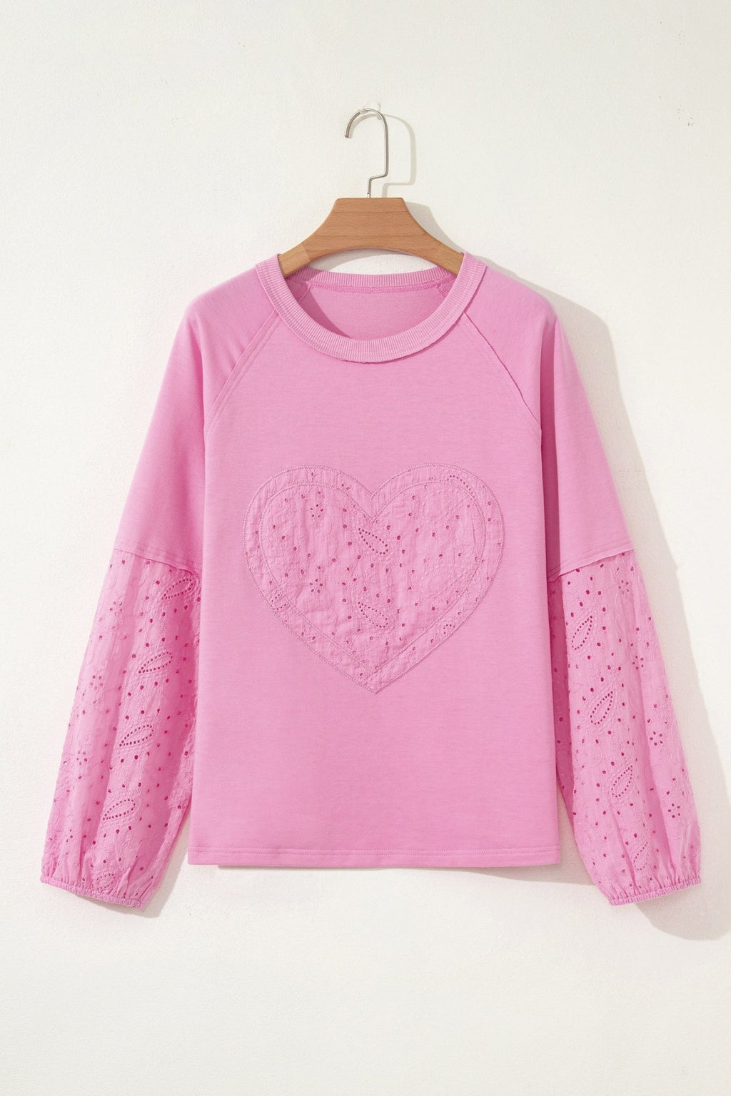 Heart Embroidered Eyelet Patchwork Long Sleeve Top - Rooted & Reckless Co.