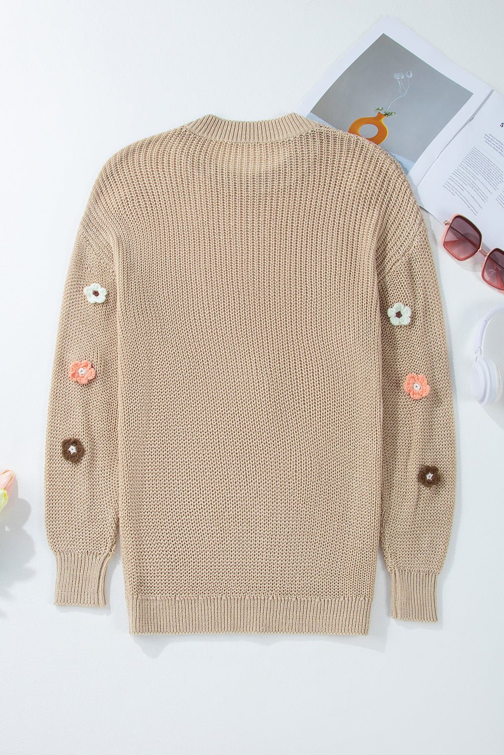 Hello Floral Embroidered Knit Long Sleeve Loose Sweater - Rooted & Reckless Co.