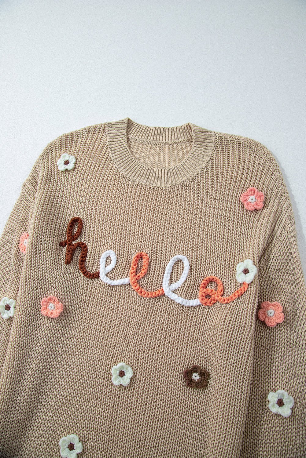 Hello Floral Embroidered Knit Long Sleeve Loose Sweater - Rooted & Reckless Co.