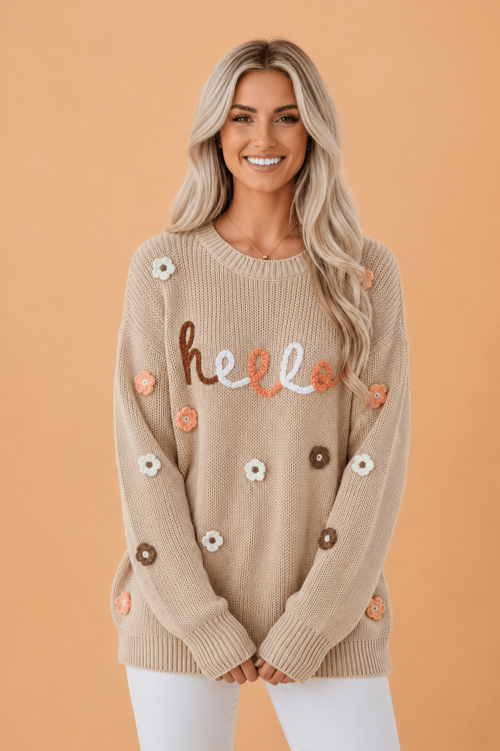 Hello Floral Embroidered Knit Long Sleeve Loose Sweater - Rooted & Reckless Co.