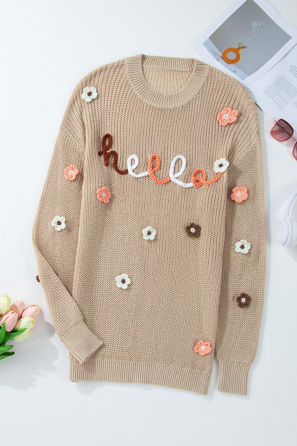 Hello Floral Embroidered Knit Long Sleeve Loose Sweater - Rooted & Reckless Co.