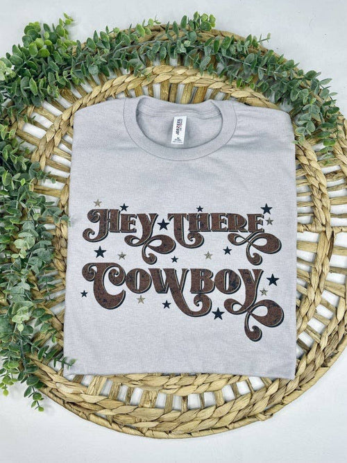 "Hey There, Cowboy" Western Graphic Tee — Silver Jerzee Cowgirl Statement - Rooted & Reckless Co.