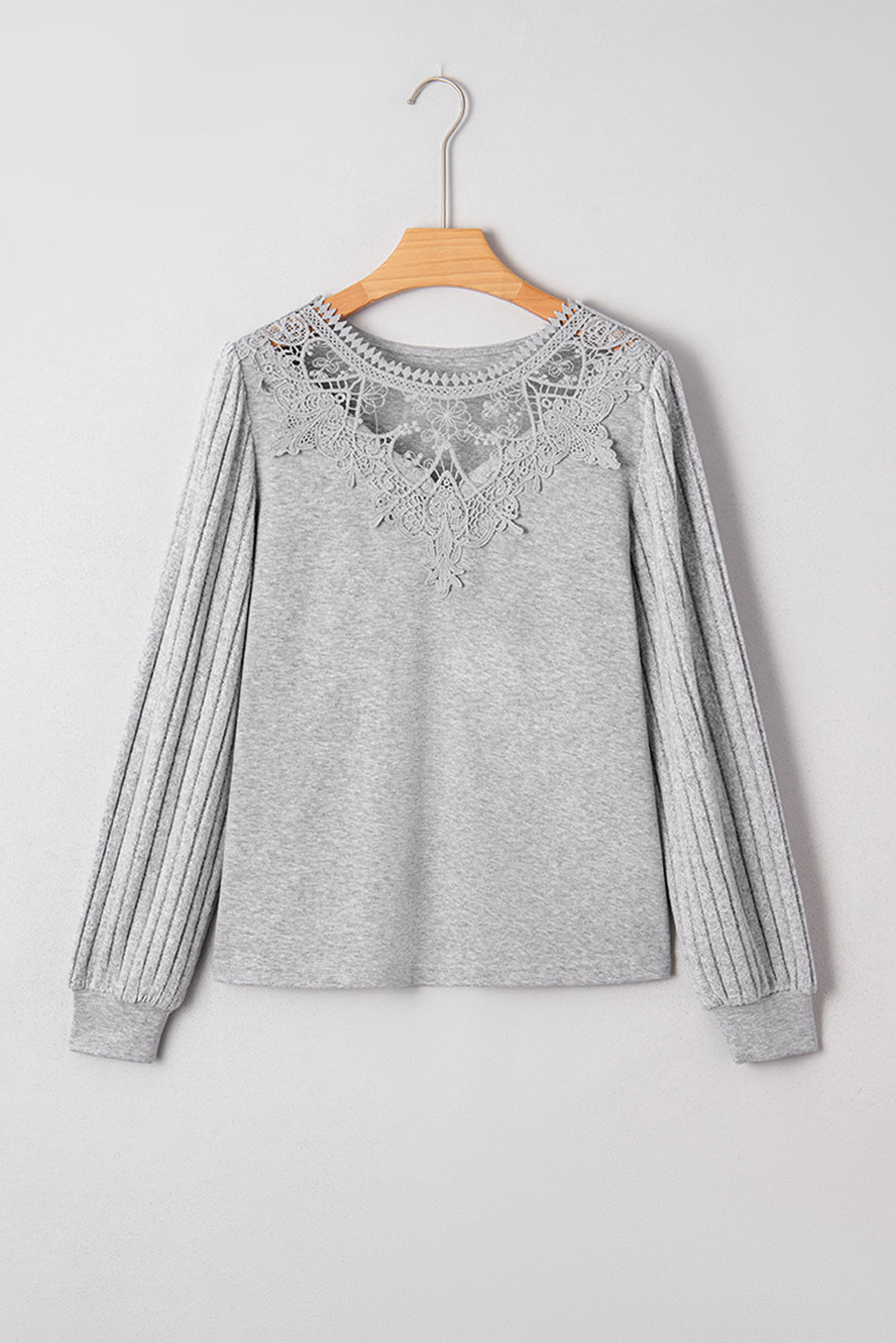 Hollow Lace Ribbed Knit Patchwork Long Sleeve Top - Rooted & Reckless Co.