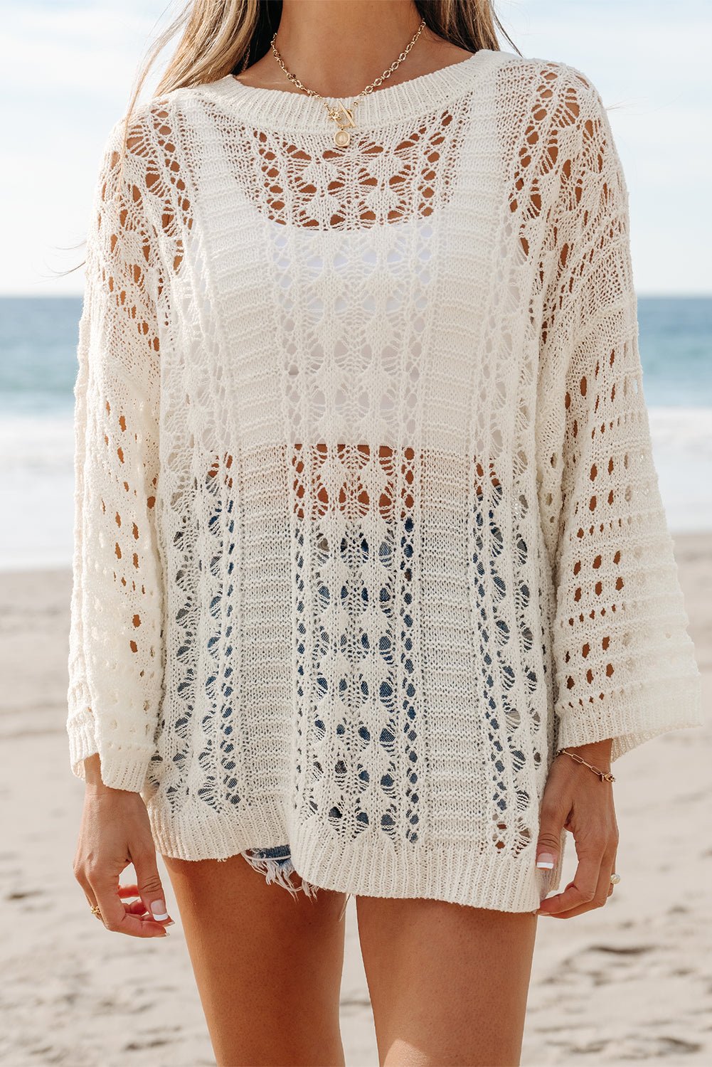 Hollow Out Knit 3/4 Drop Shoulder Sweater - Rooted & Reckless Co.